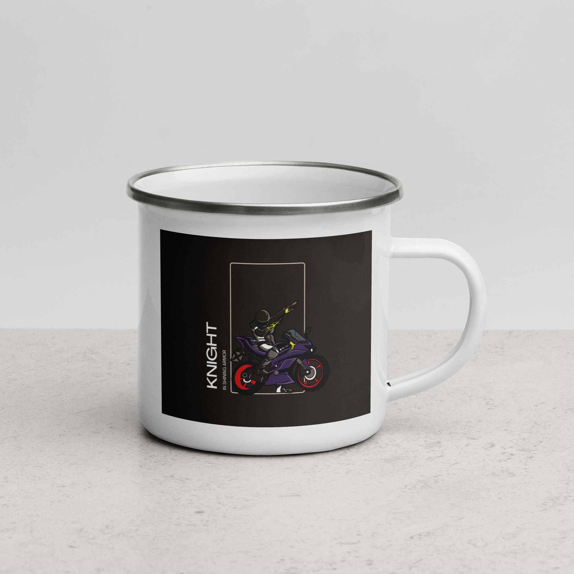 White metal mug with black rim featuring a purple motorcycle and rider design by The Biker Mule motorcycle enthusiast mug