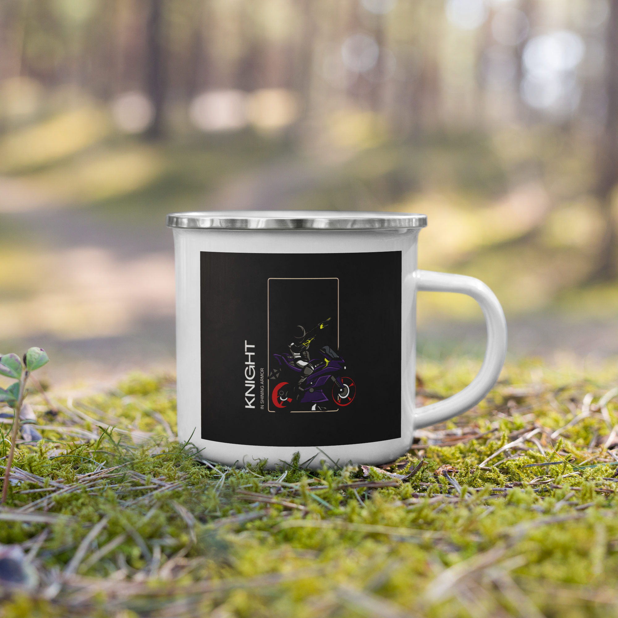 The Biker Mule motorcycle enthusiast mug with knight rider design on white enamel camping cup outdoors