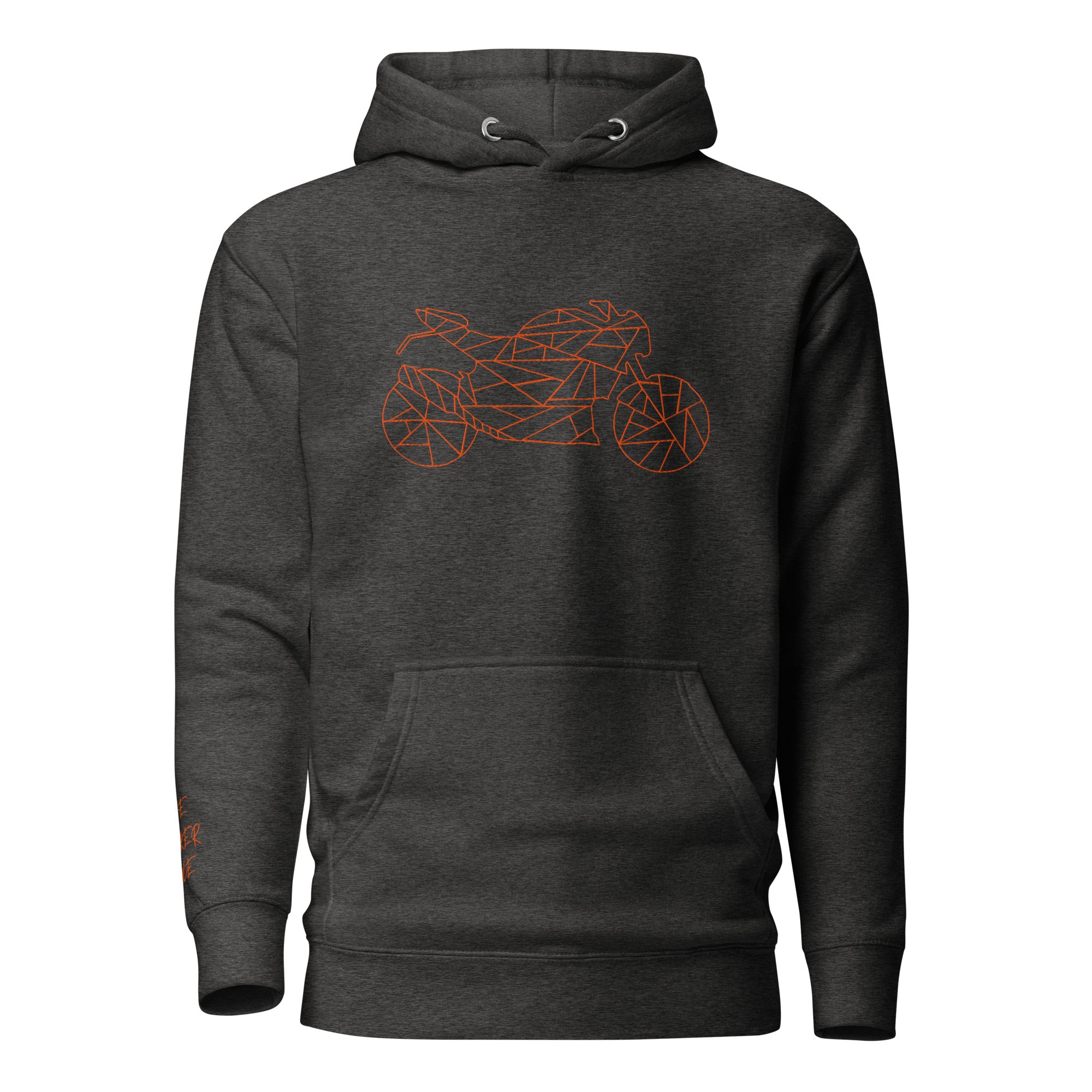 Grey motorcycle Halloween hoodie featuring an orange geometric motorcycle graphic on the front