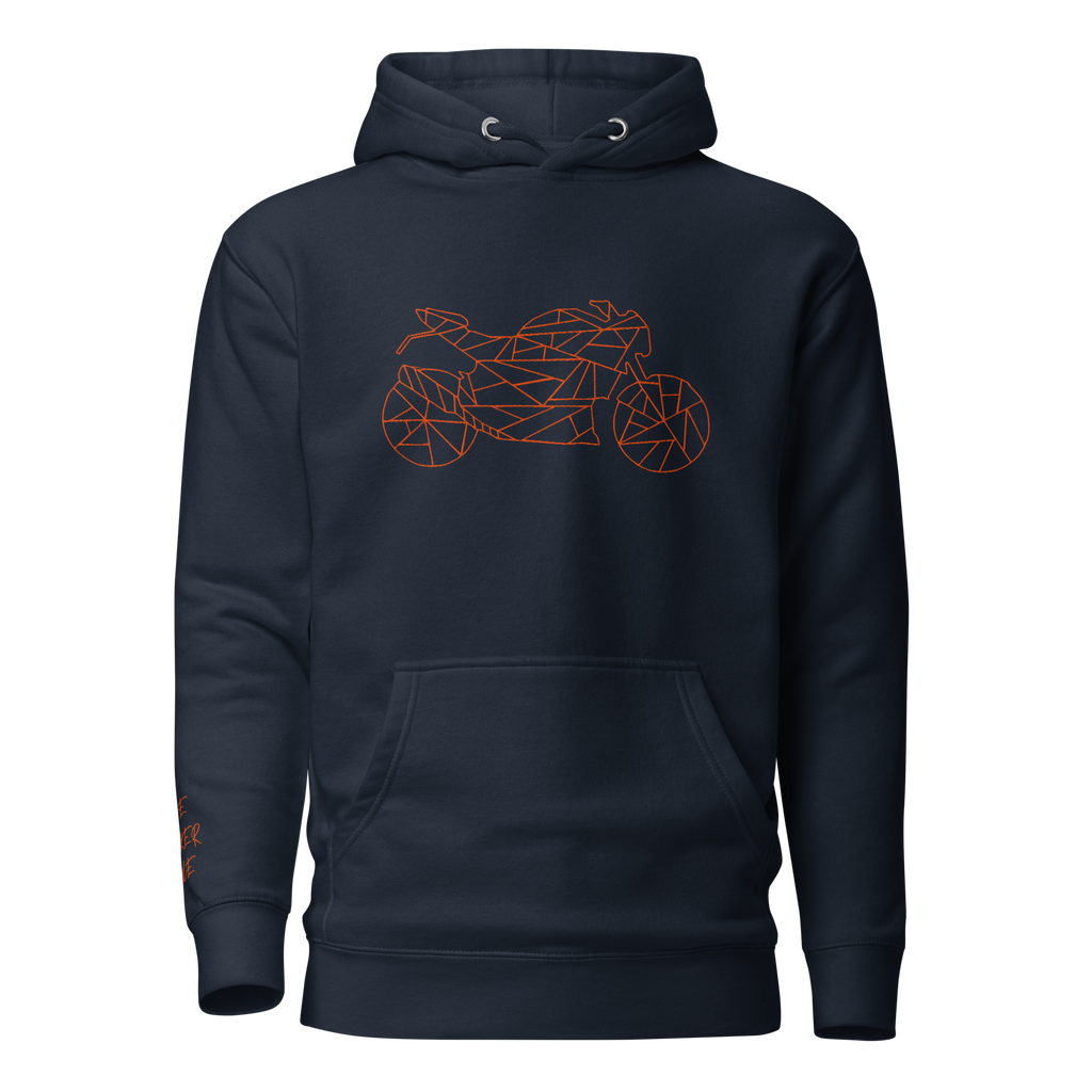 Navy blue motorcycle Halloween hoodie featuring an orange geometric motorcycle graphic