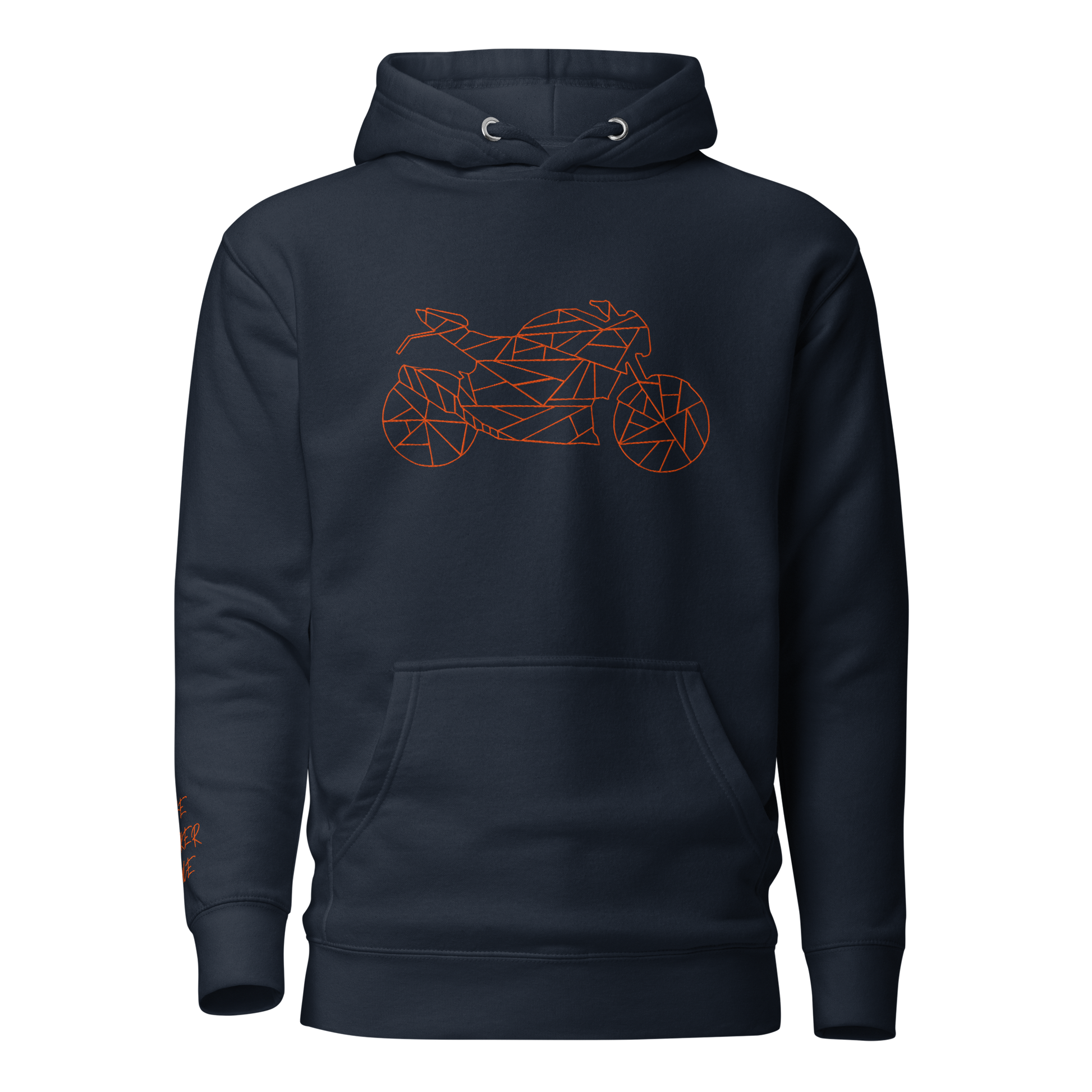 Navy blue motorcycle Halloween hoodie featuring an orange geometric motorcycle graphic