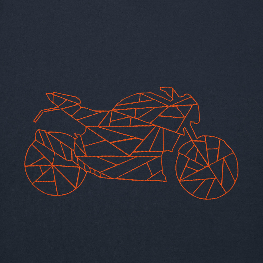 Navy motorcycle Halloween hoodie featuring a geometric motorcycle design in orange