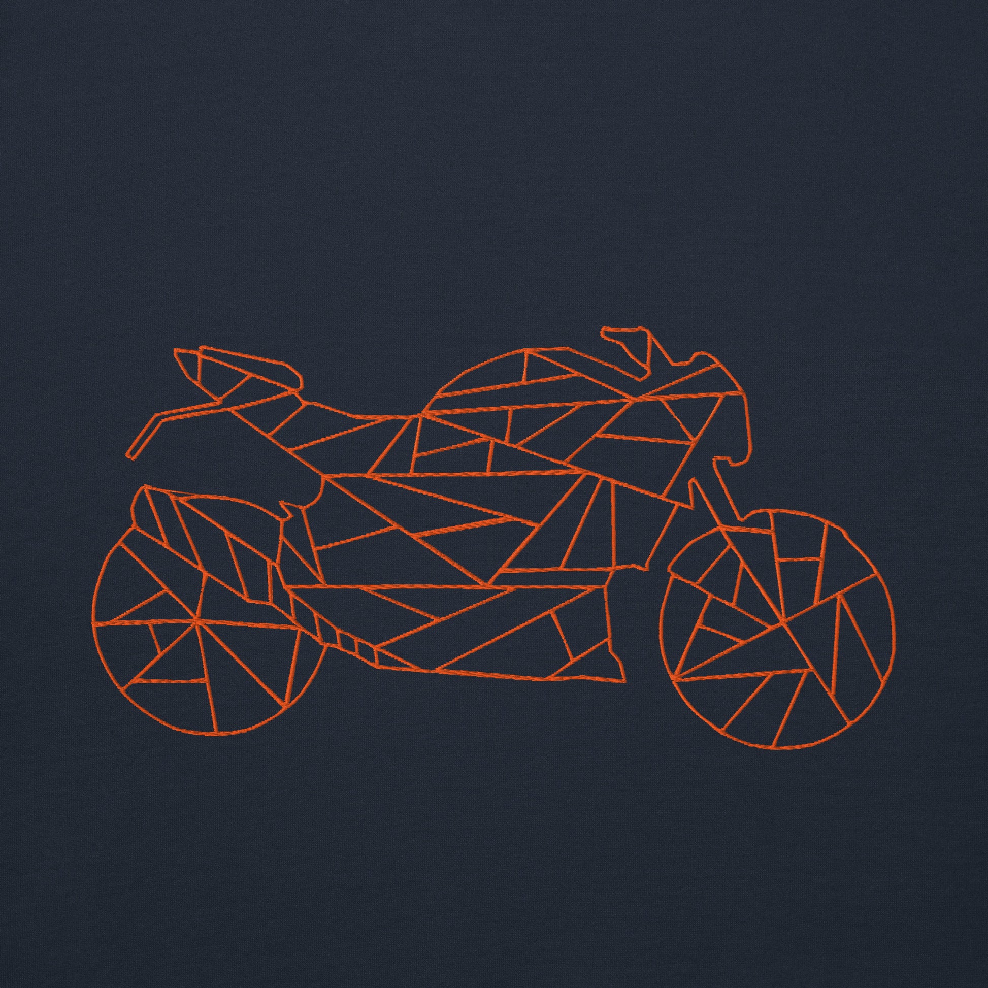 Navy motorcycle Halloween hoodie featuring a geometric motorcycle design in orange