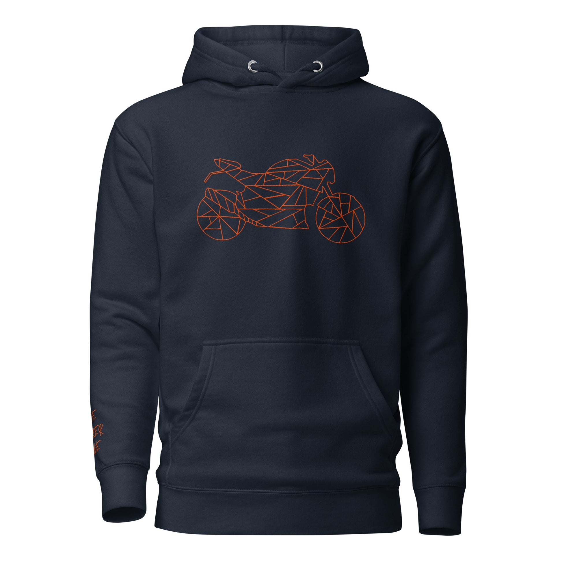 Navy motorcycle Halloween hoodie featuring an orange geometric motorcycle design for costume enthusiasts