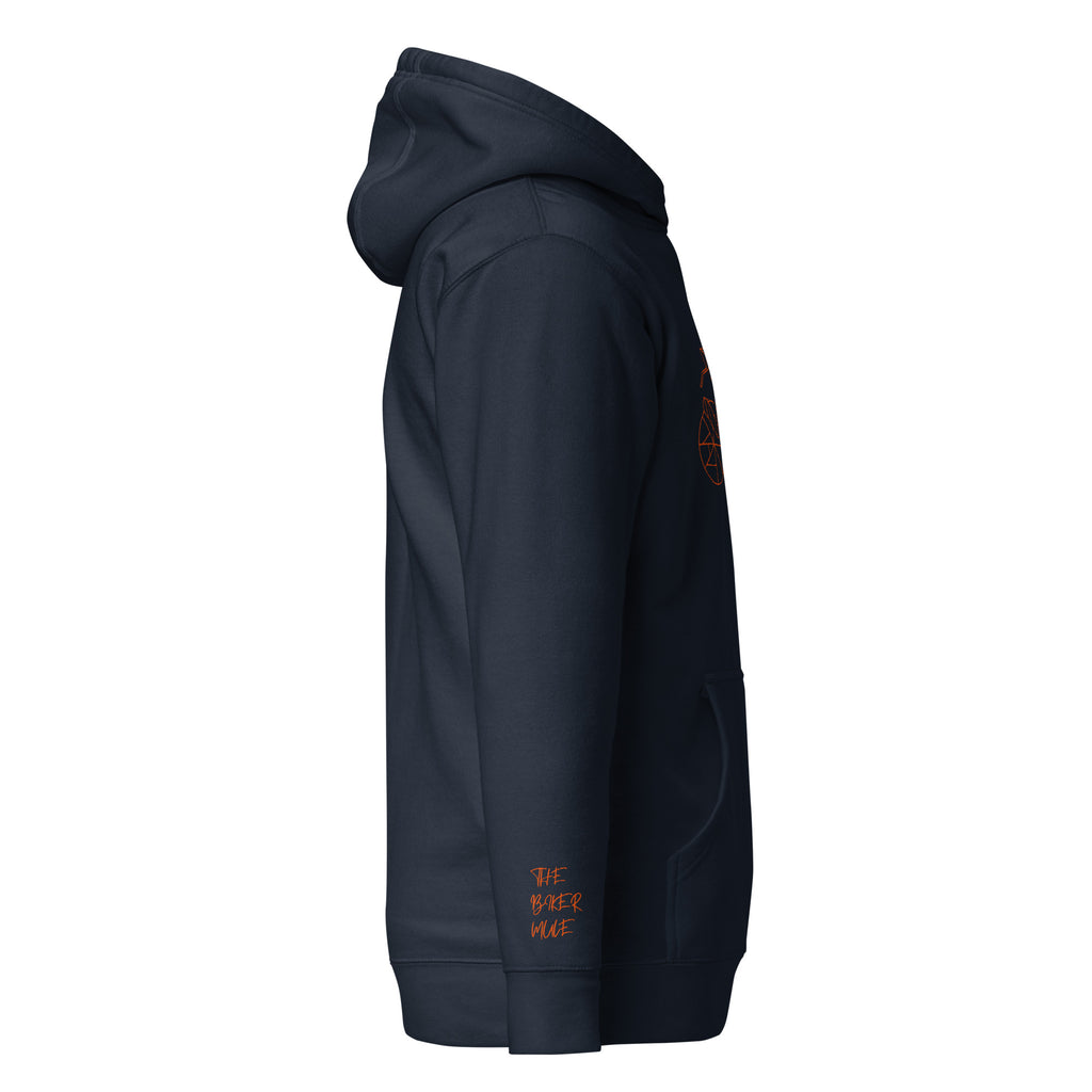 Side view of a navy The Biker Mule motorcycle Halloween hoodie with a comfortable fit and front pocket