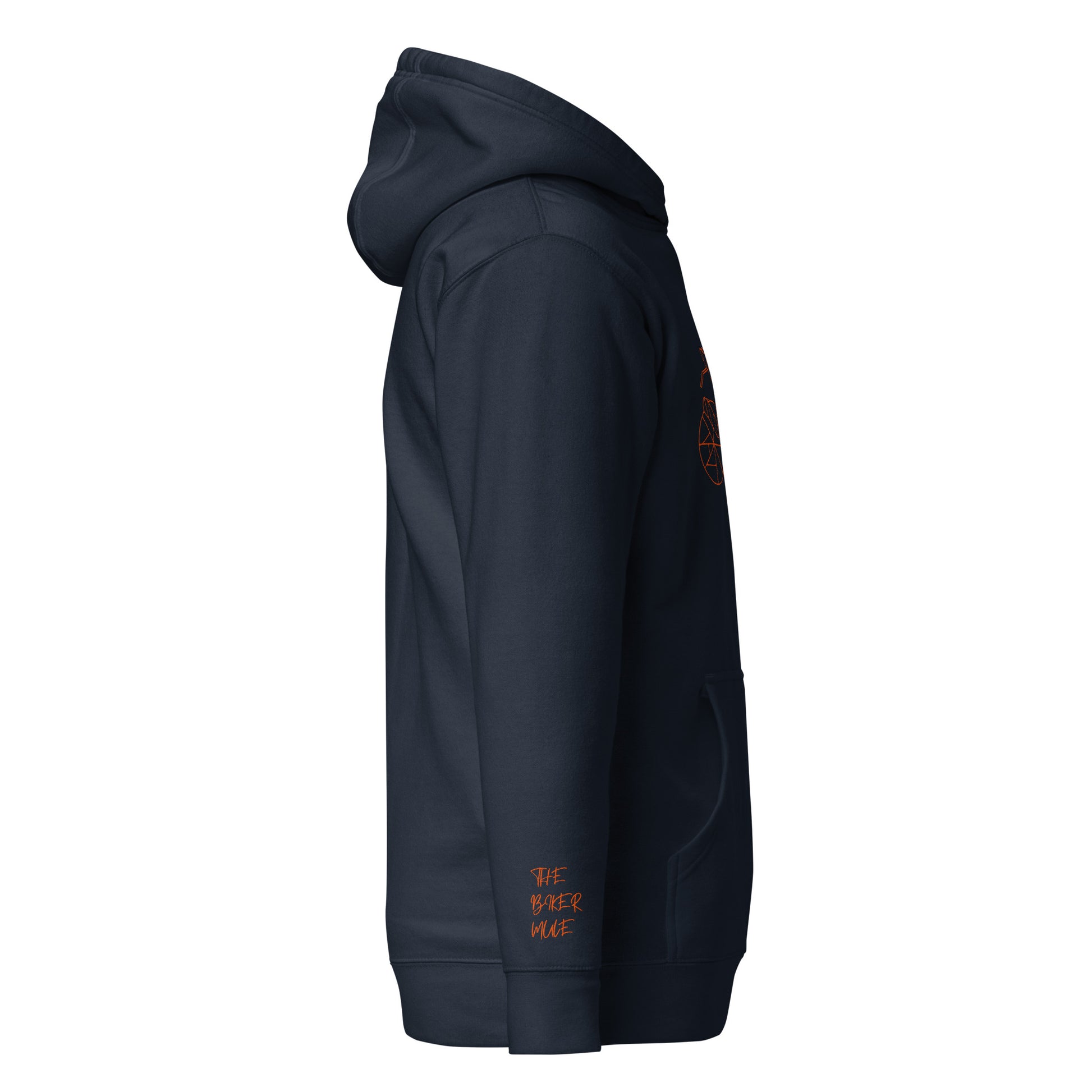 Side view of a navy The Biker Mule motorcycle Halloween hoodie with a comfortable fit and front pocket