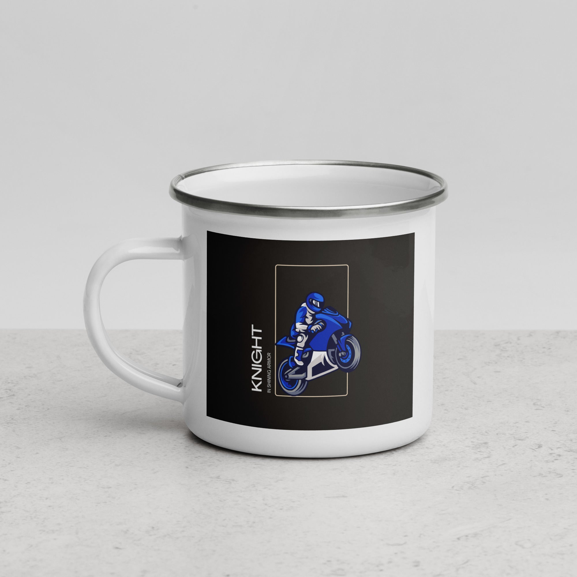 The Biker Mule motorcycle mug gift featuring a blue motorcycle rider design on white enamel mug