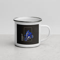The Biker Mule motorcycle mug gift featuring a blue motorcyclist graphic and the word Knight on a white enamel mug