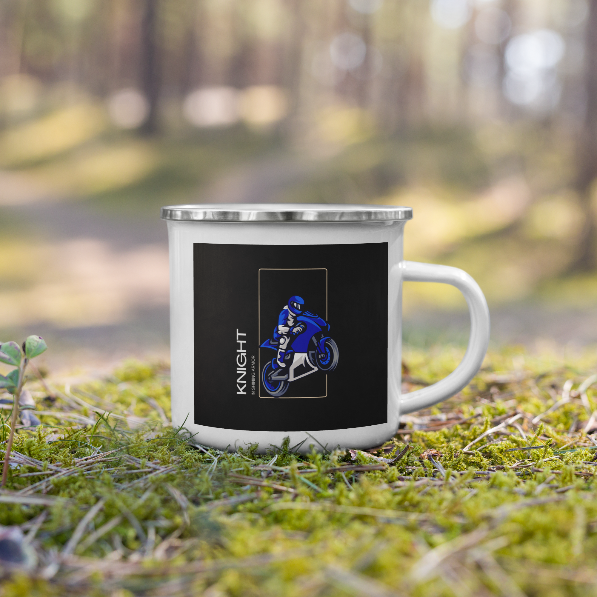 The Biker Mule motorcycle mug gift featuring a blue rider and knight design on a white metal camping mug