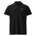 Black motorcycle polo shirt from The Biker Mule with small white logo on chest and classic collar