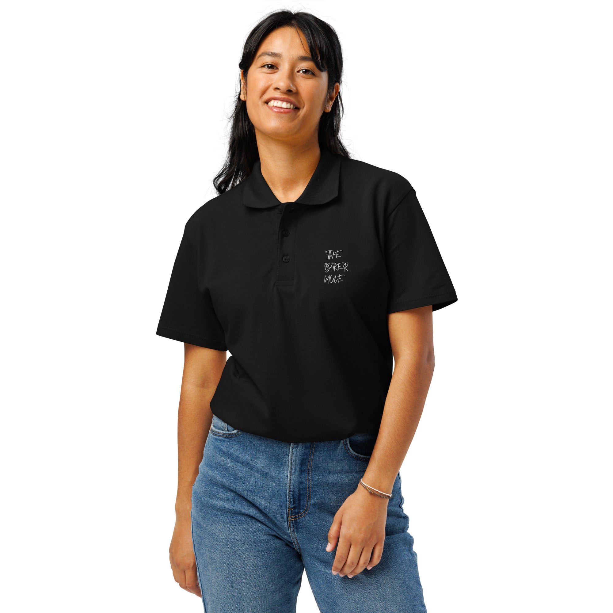 Woman wearing black motorcycle polo shirt from The Biker Mule with logo on chest