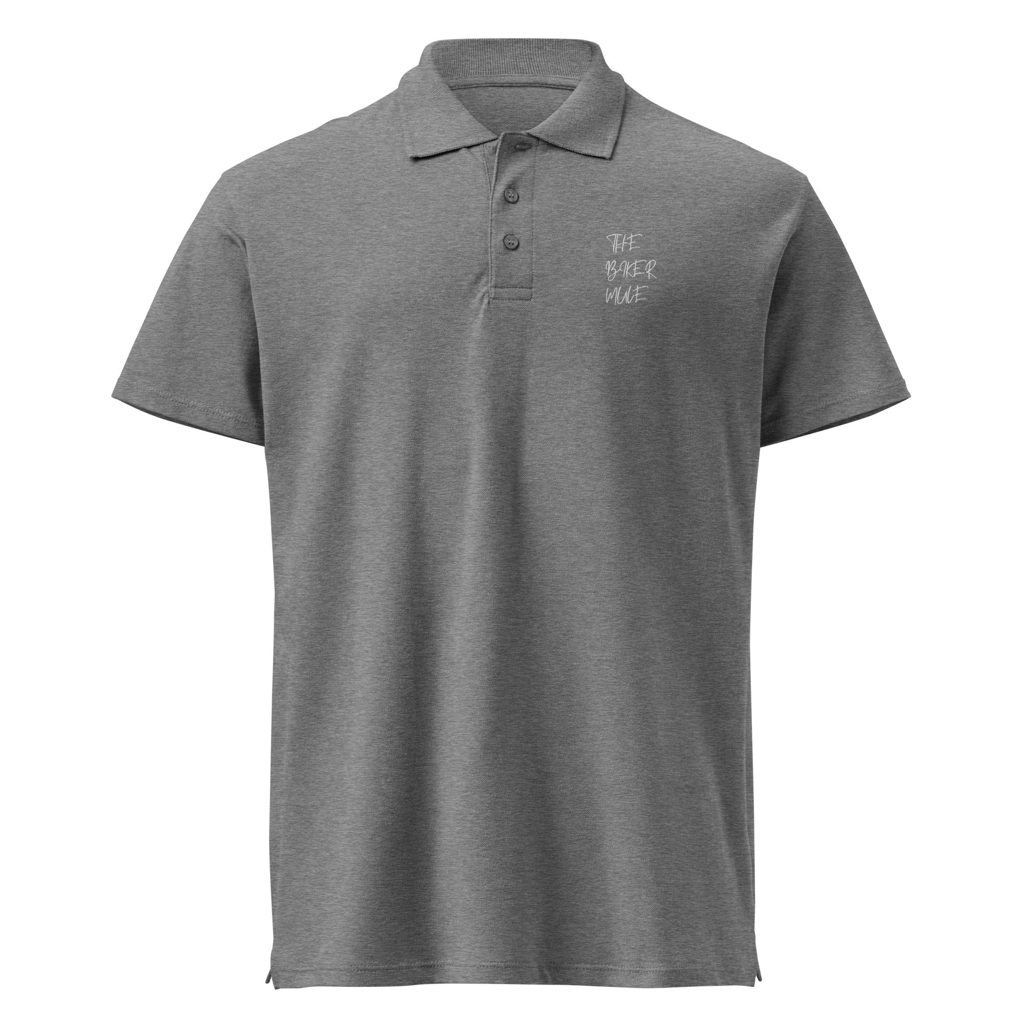 The Biker Mule gray motorcycle polo shirt with short sleeves and buttoned collar