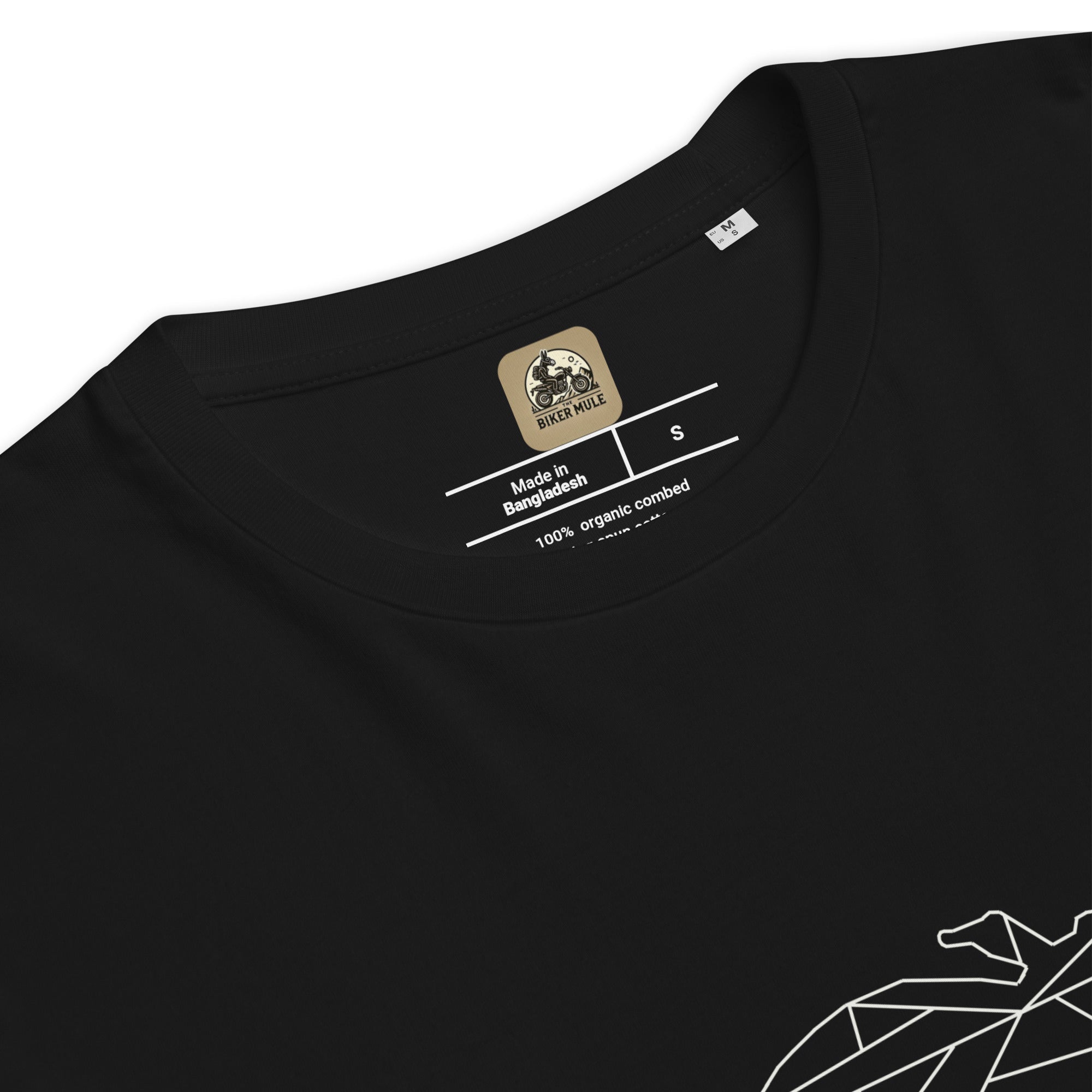 Close-up of The Biker Mule unique motorcycle t shirt black crew neck with printed label and graphic