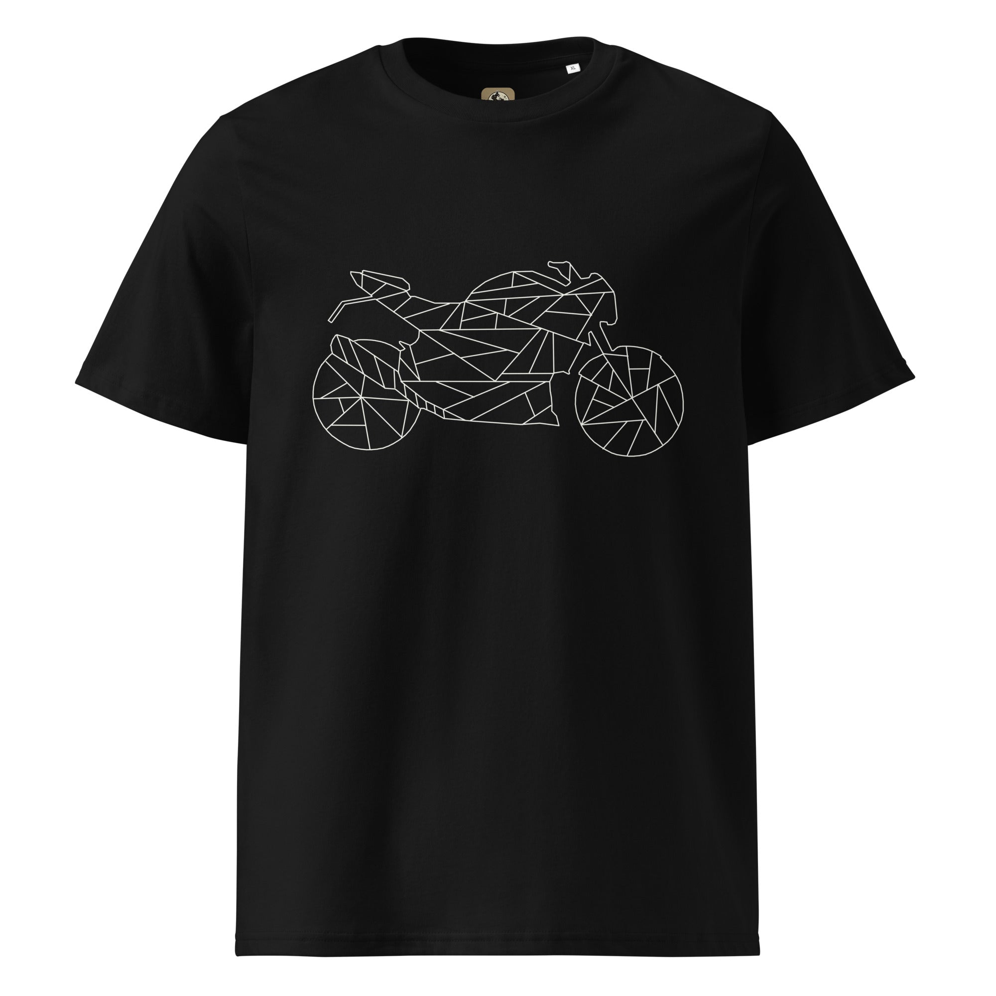 Black t-shirt featuring a geometric line art motorcycle design unique motorcycle t shirt