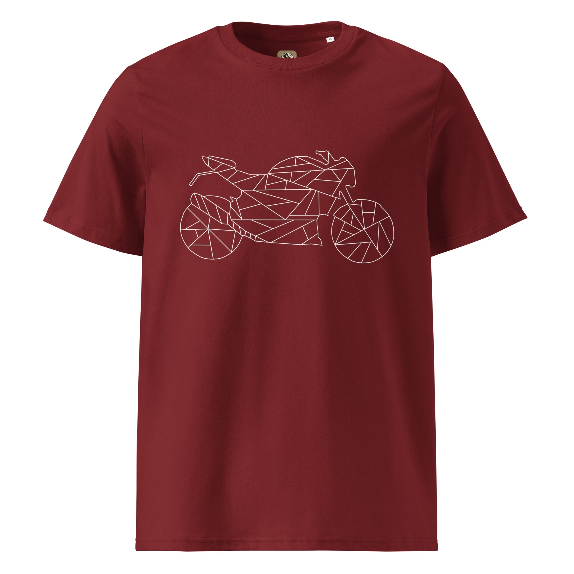 The Biker Mule unique motorcycle t shirt in maroon with geometric motorcycle design