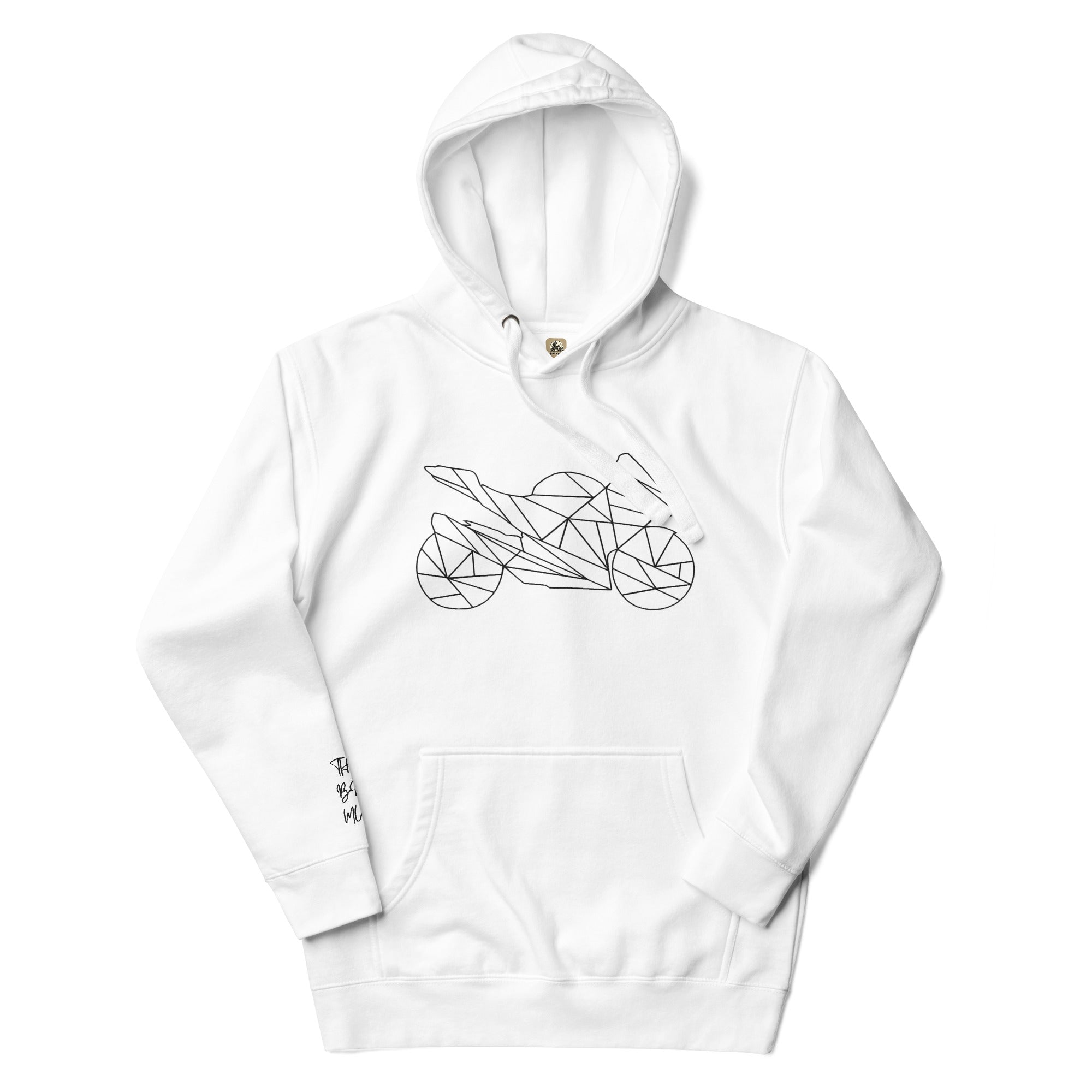 White unisex biker hoodie from The Biker Mule with geometric motorcycle design on front