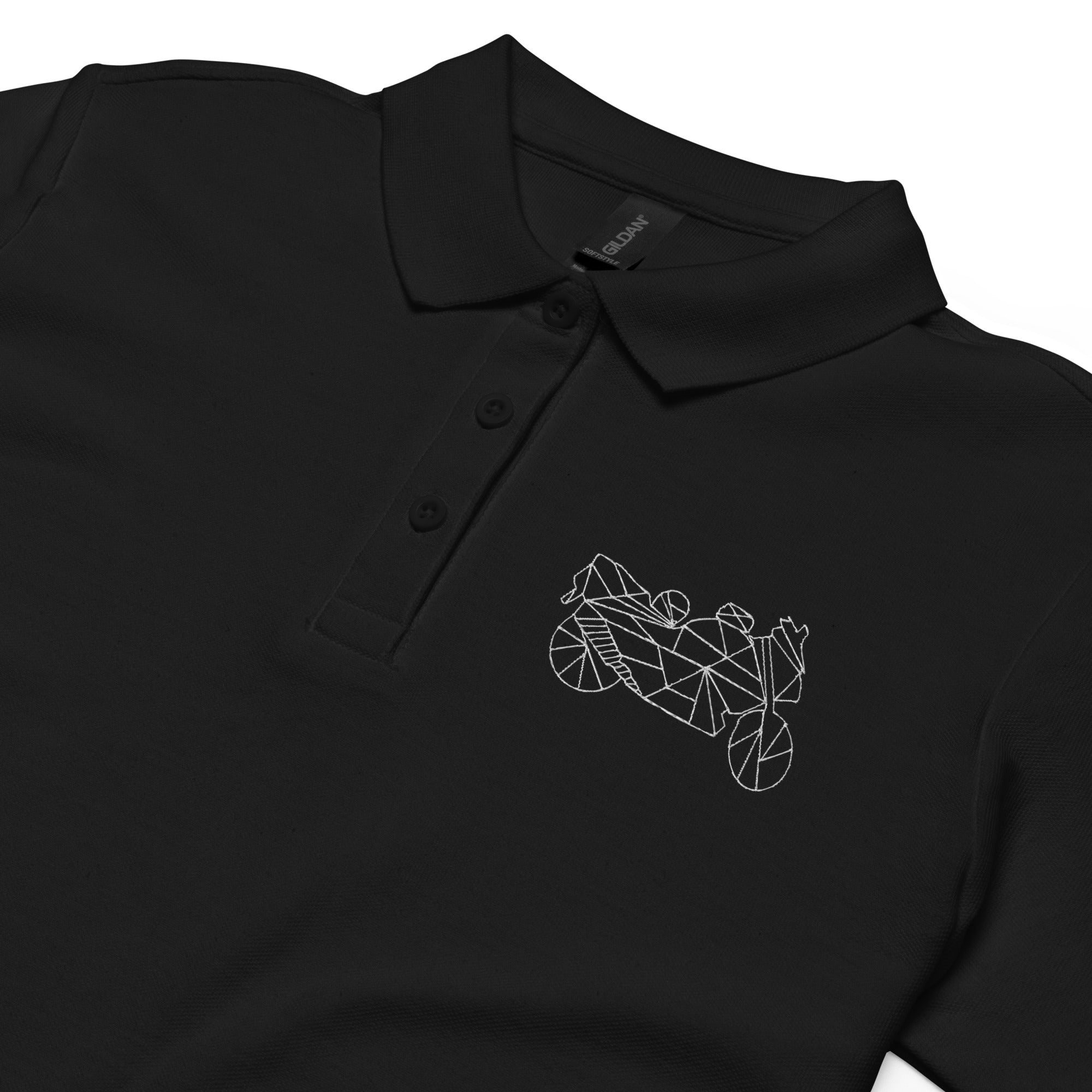 Black women motorcycle polo shirt with geometric motorcycle design and button collar by The Biker Mule