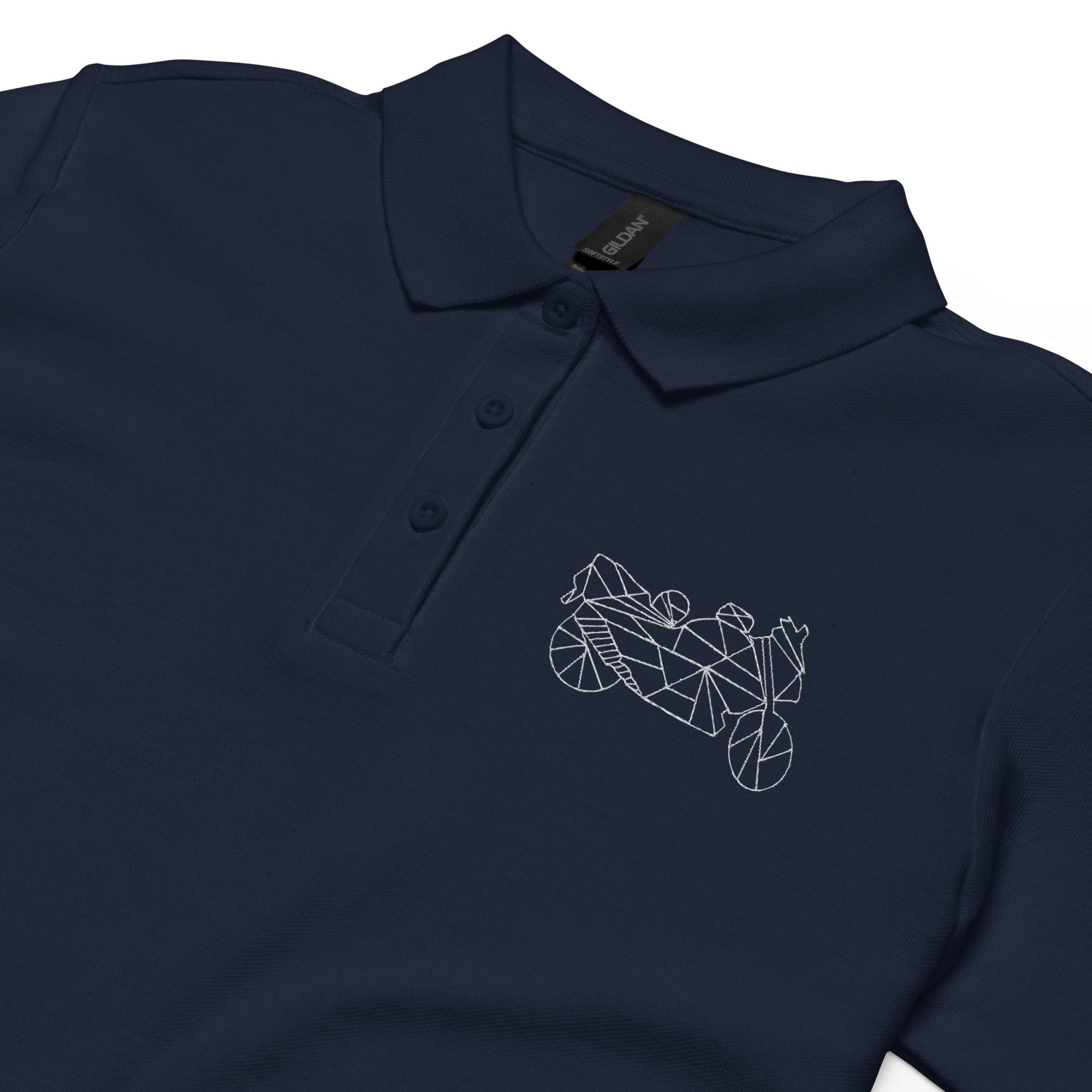 The Biker Mule women motorcycle polo shirt in navy with geometric motorcycle design on chest