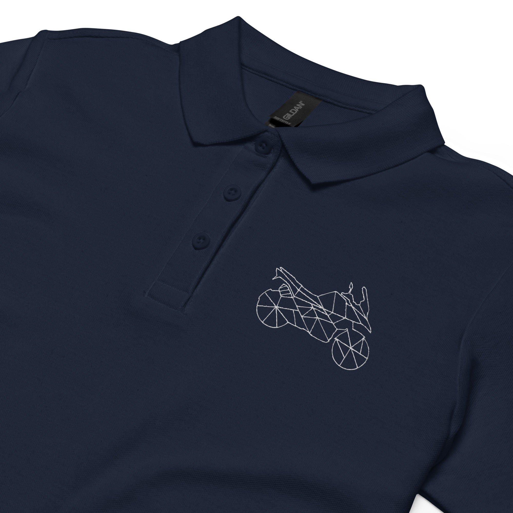 Navy blue women motorcycle polo shirt with geometric motorcycle design on chest by The Biker Mule
