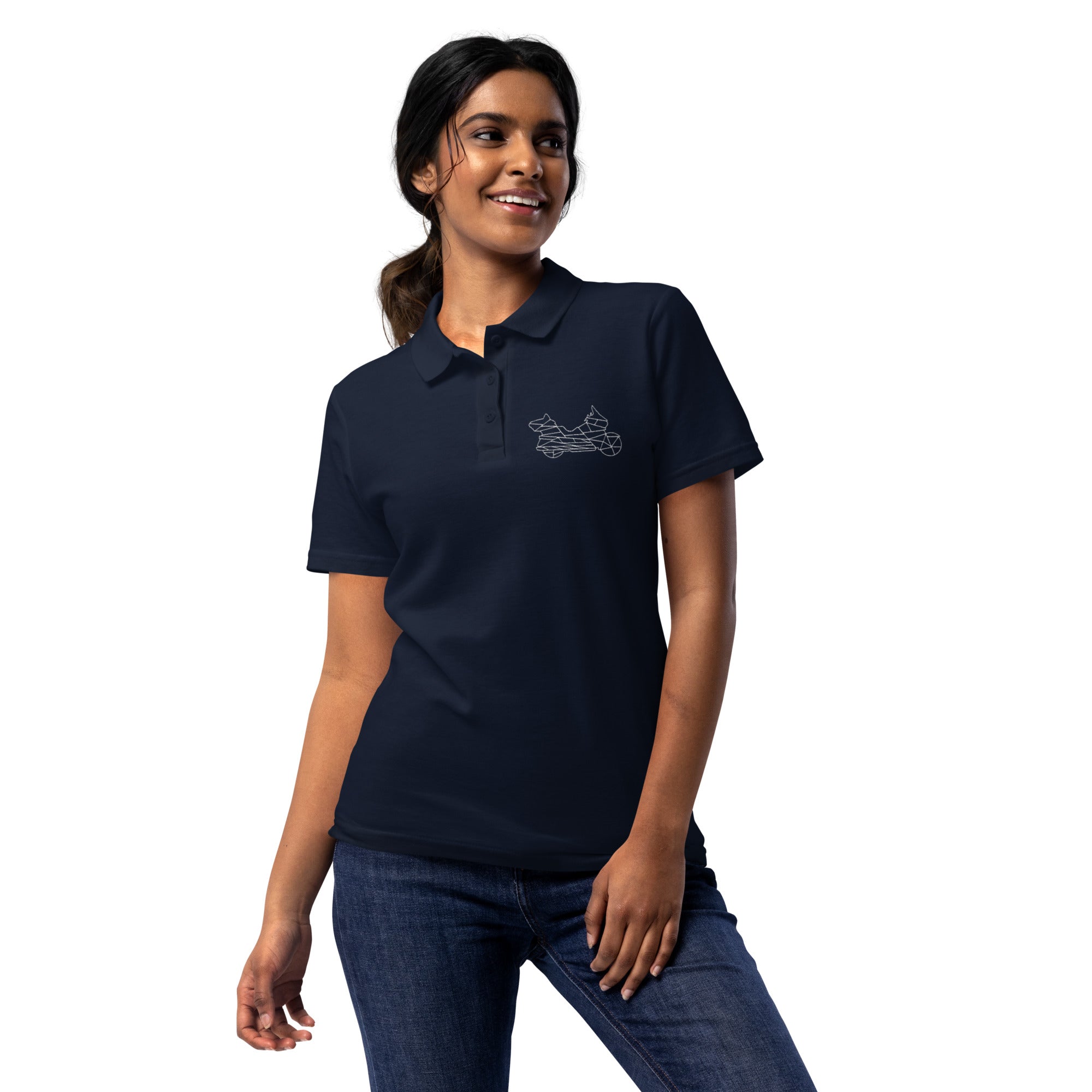 The Biker Mule navy classic women motorcycle polo shirt with short sleeves and embroidered design