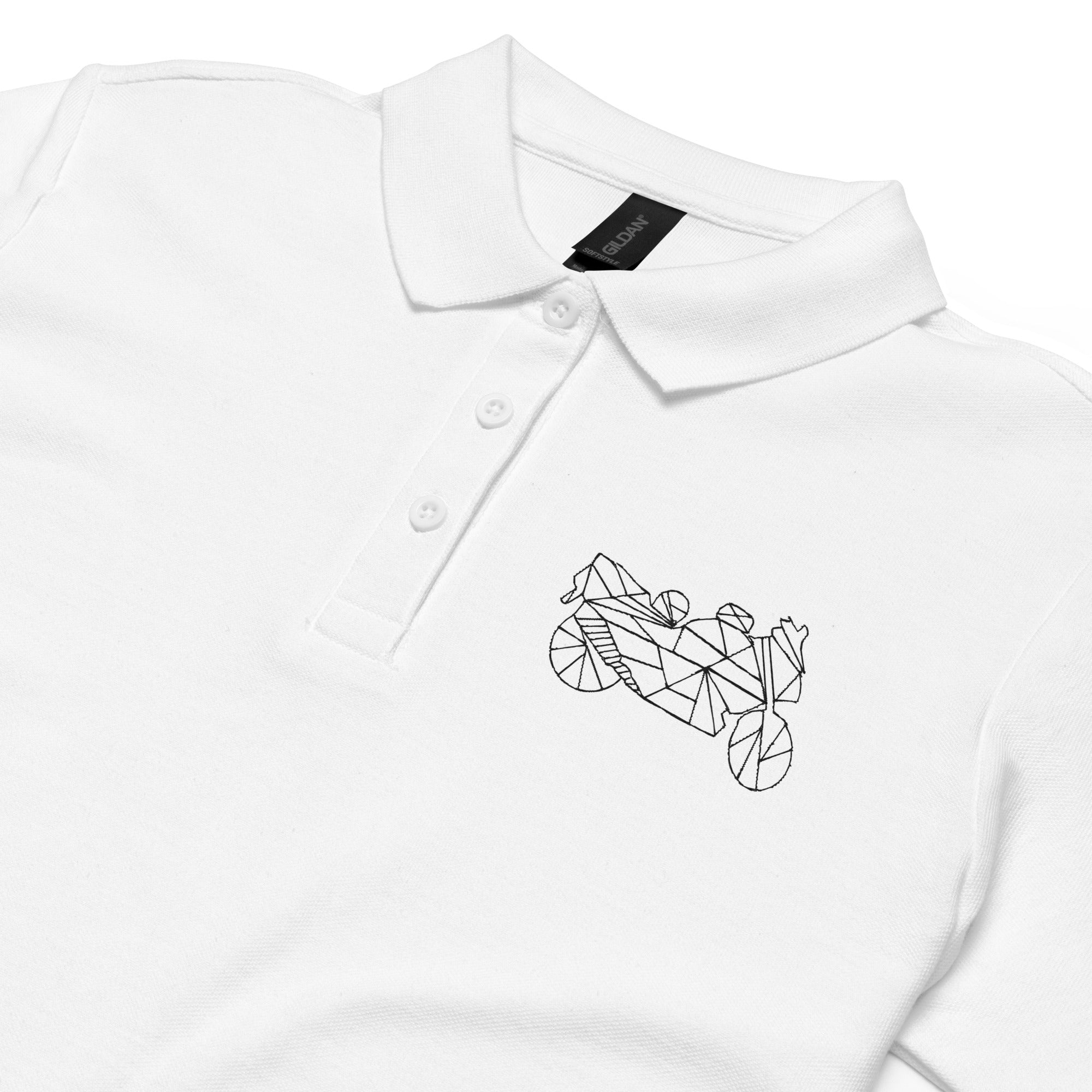 White women motorcycle polo shirt by The Biker Mule with geometric motorcycle graphic on chest