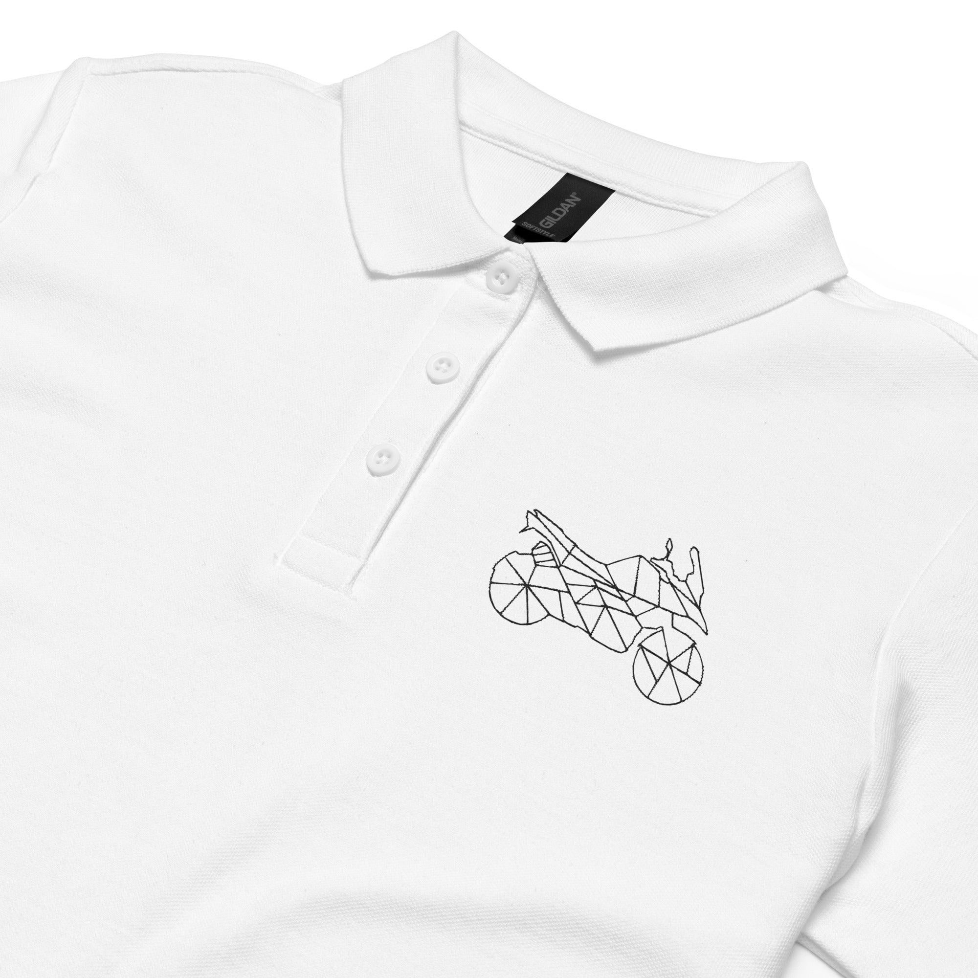 White women motorcycle polo shirt with geometric motorcycle design on chest by The Biker Mule