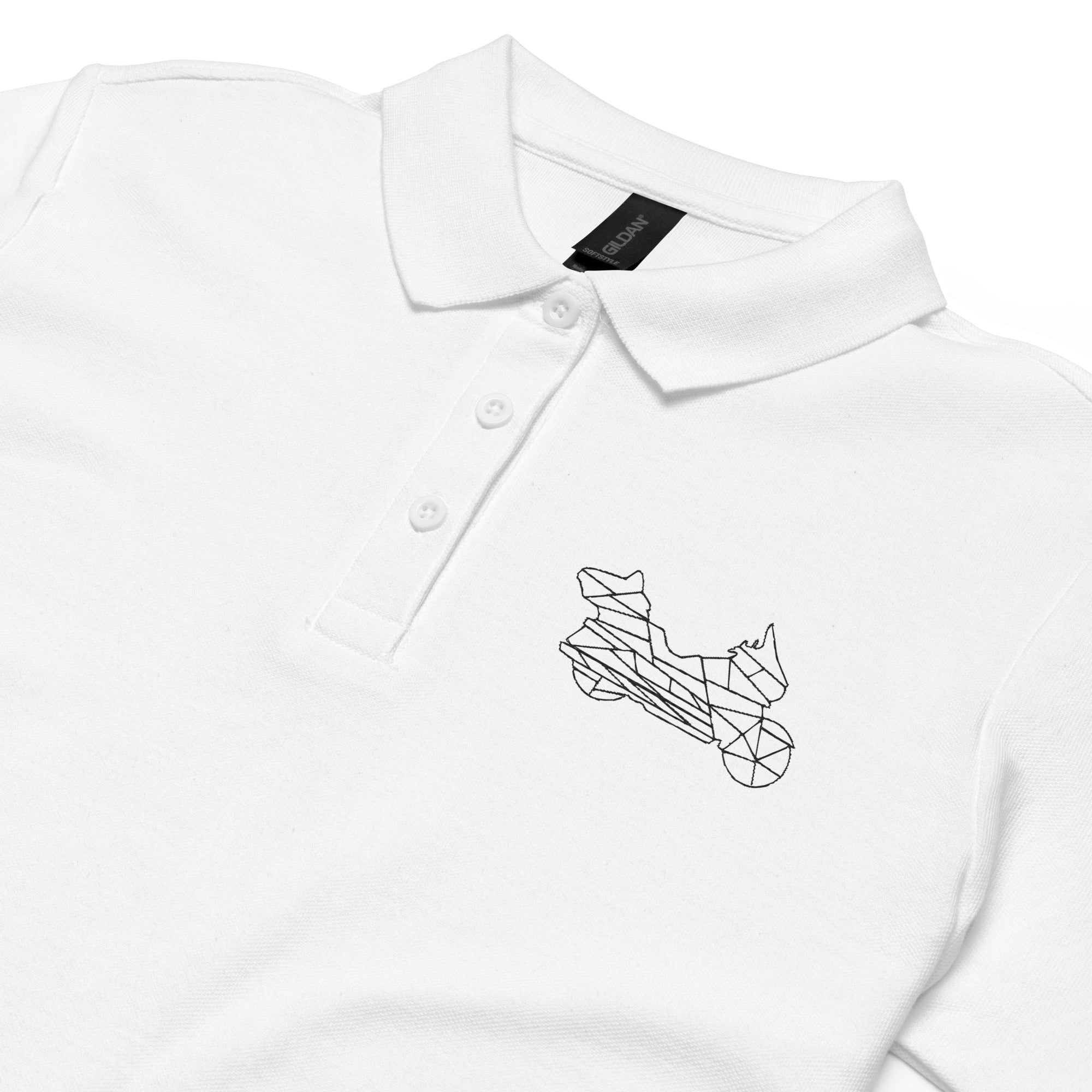 White women motorcycle polo shirt from The Biker Mule with black geometric motorcycle design