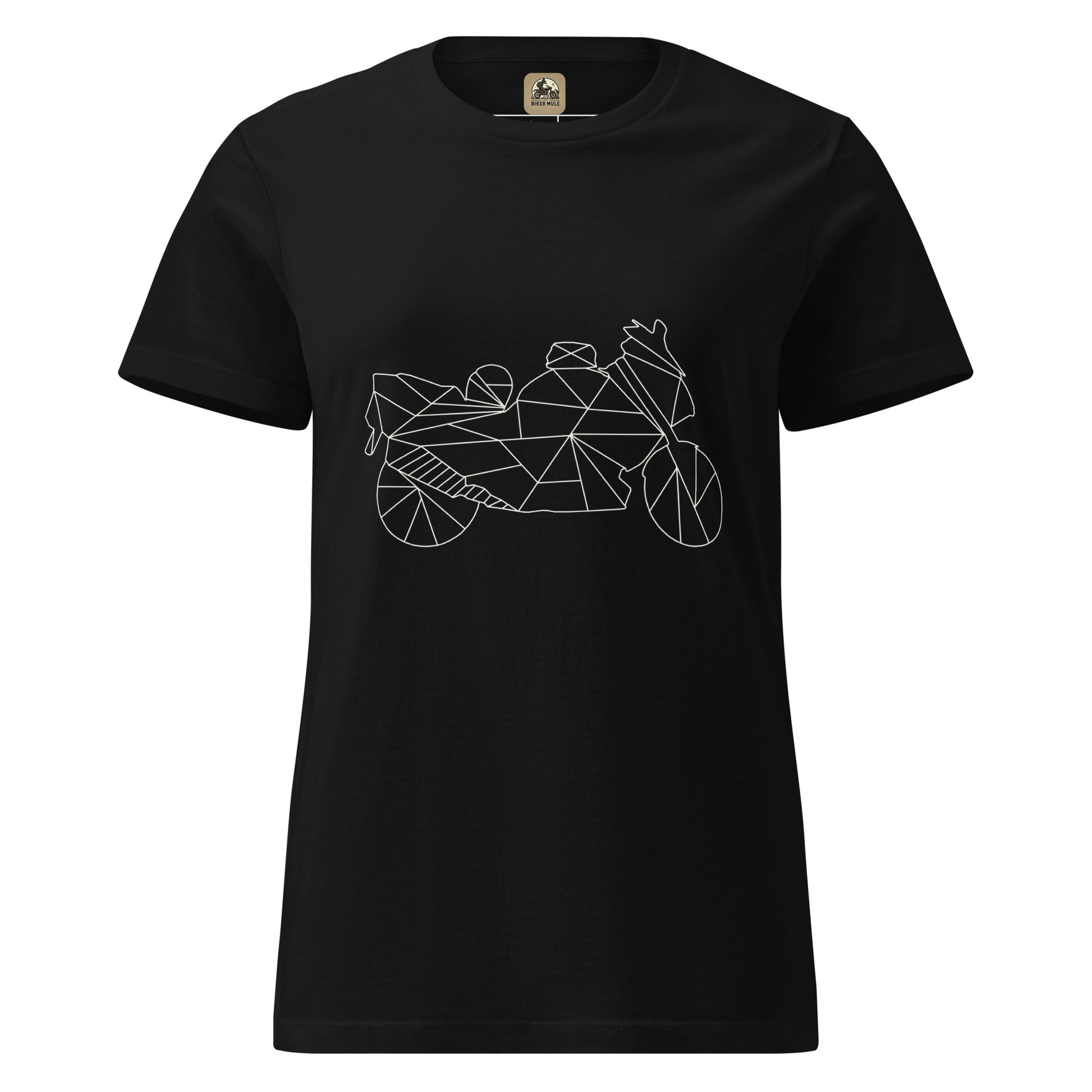 Black women motorcycle t-shirt featuring a geometric line art motorcycle design