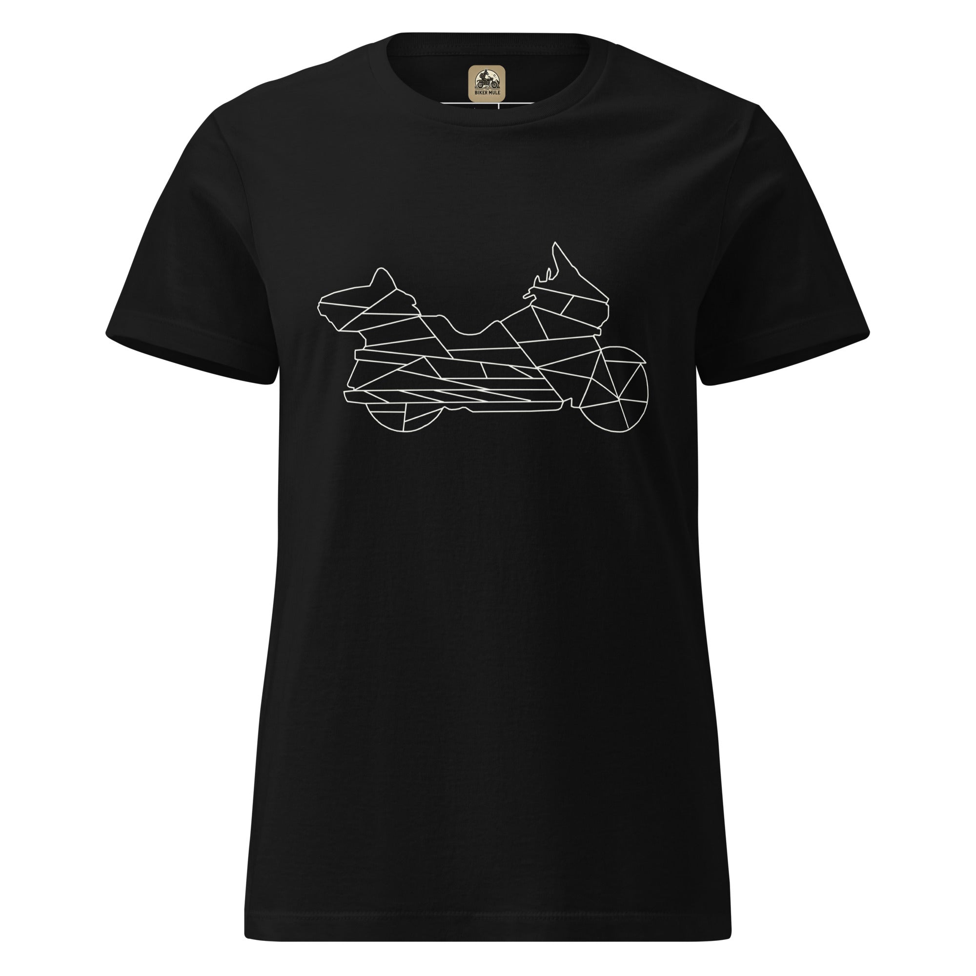 Black women motorcycle t-shirt from The Biker Mule with geometric motorcycle graphic design