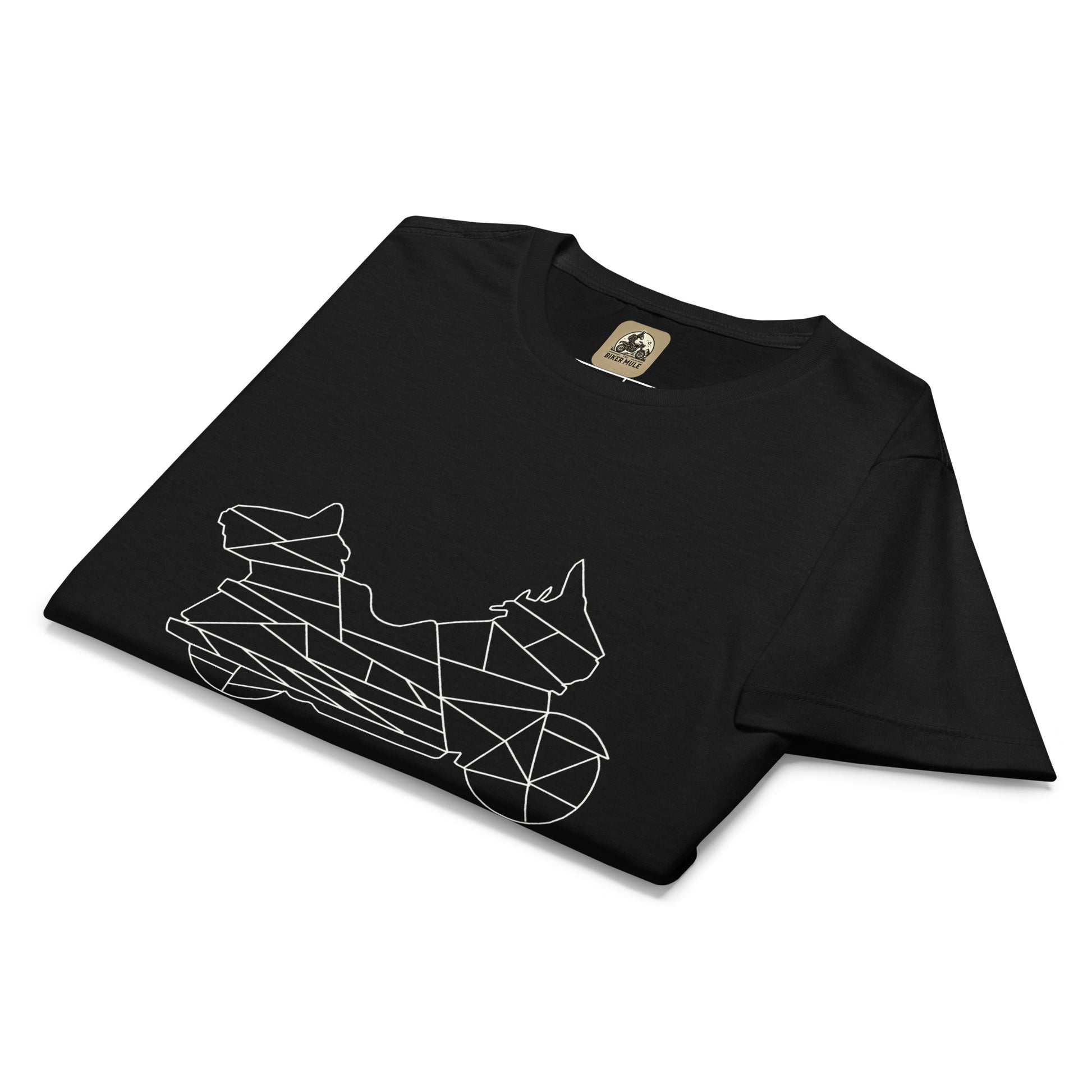 Black women motorcycle t-shirt from The Biker Mule featuring a white geometric motorcycle design
