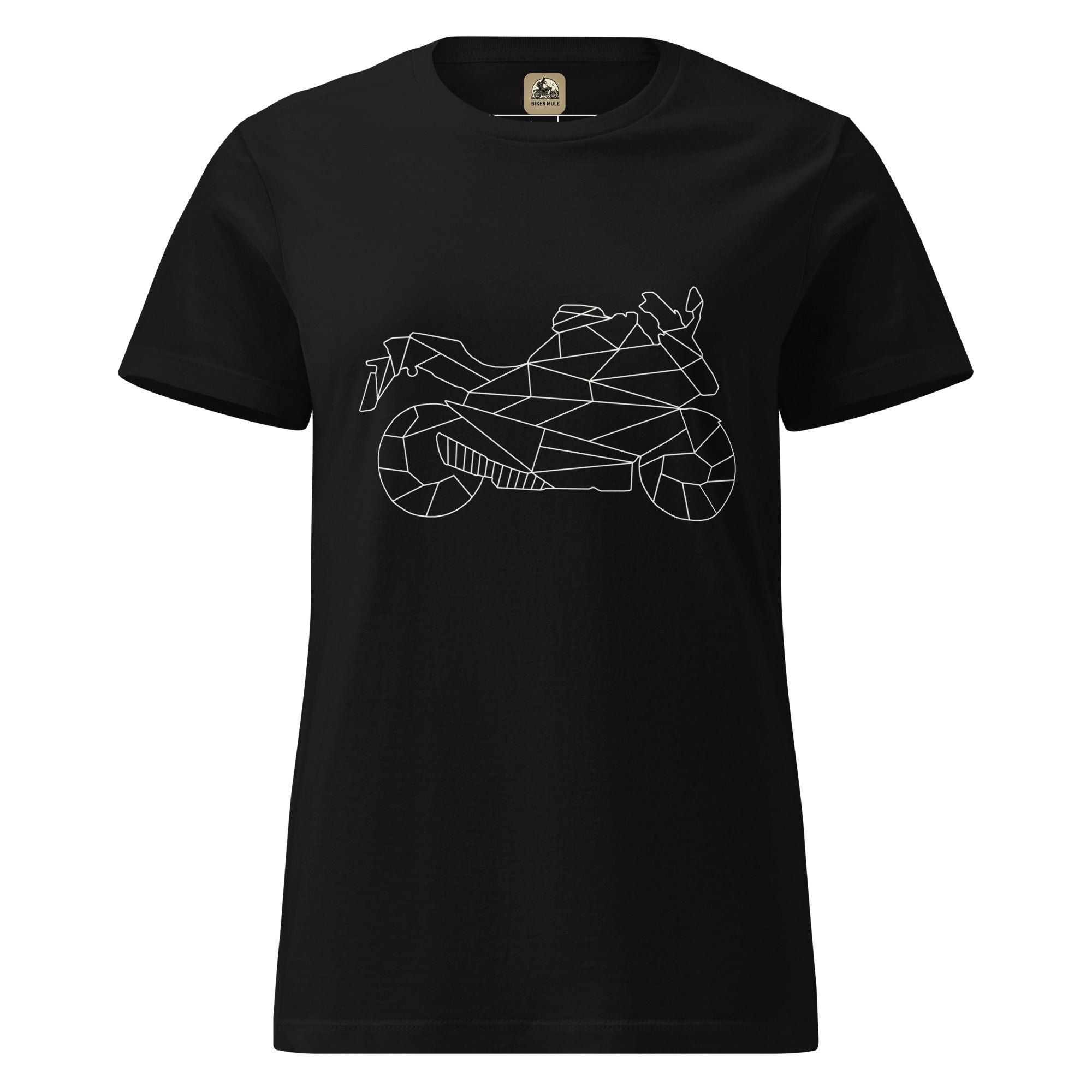 Black women motorcycle t-shirt from The Biker Mule with geometric motorcycle line art design