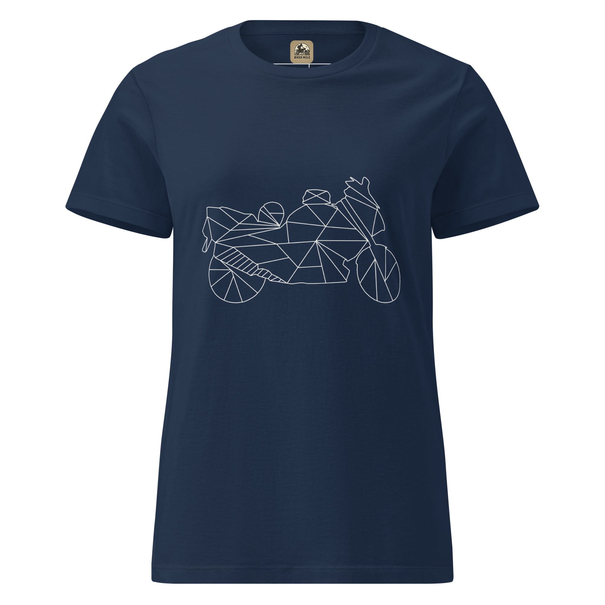 The Biker Mule navy women motorcycle t-shirt with geometric motorcycle line art design