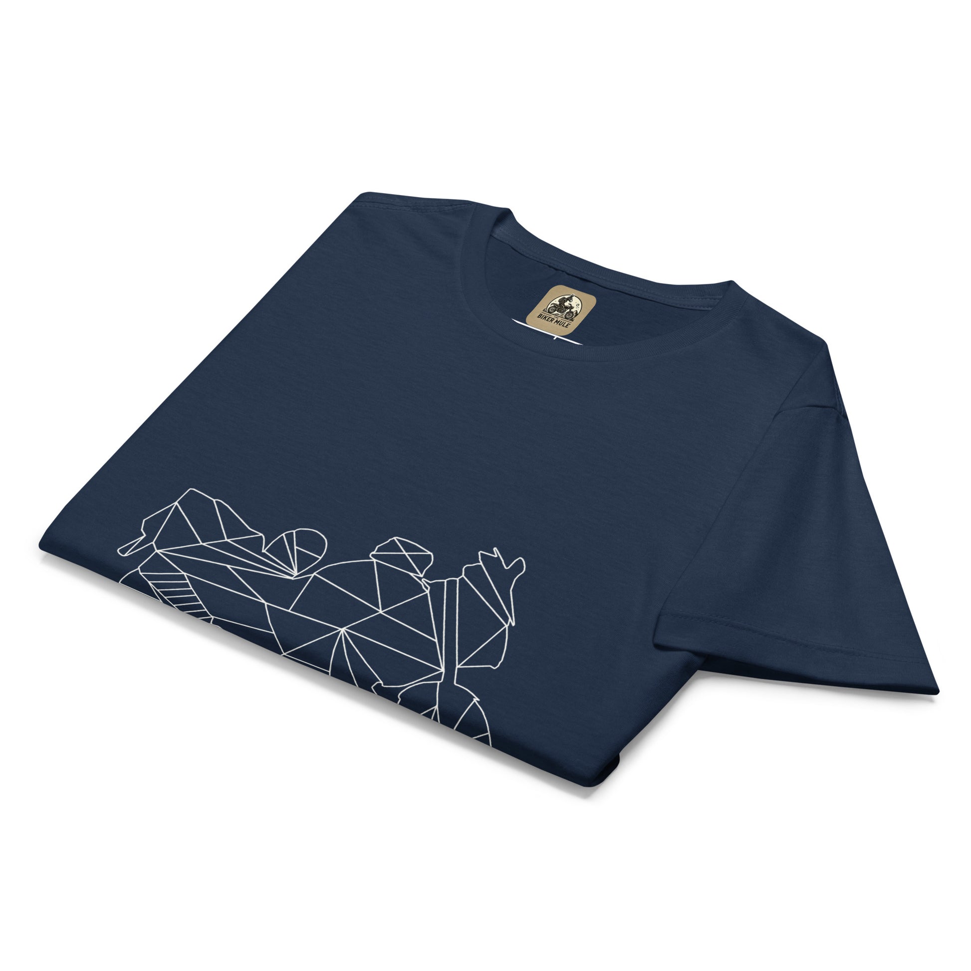The Biker Mule navy women motorcycle t-shirt with geometric motorcycle design folded neatly