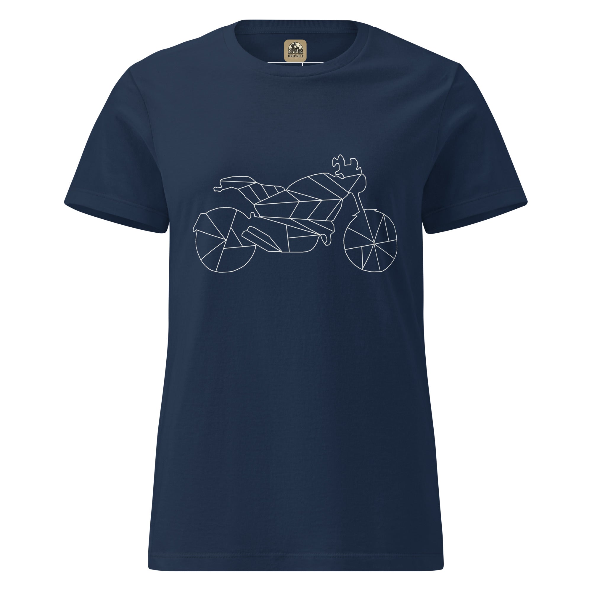 The Biker Mule navy women motorcycle t-shirt with geometric motorcycle design