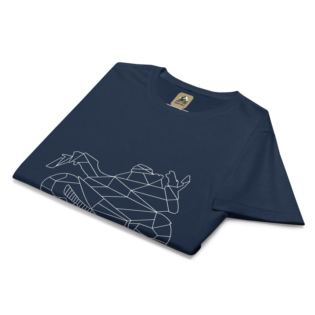 The Biker Mule navy blue women motorcycle t-shirt with geometric motorcycle rider design