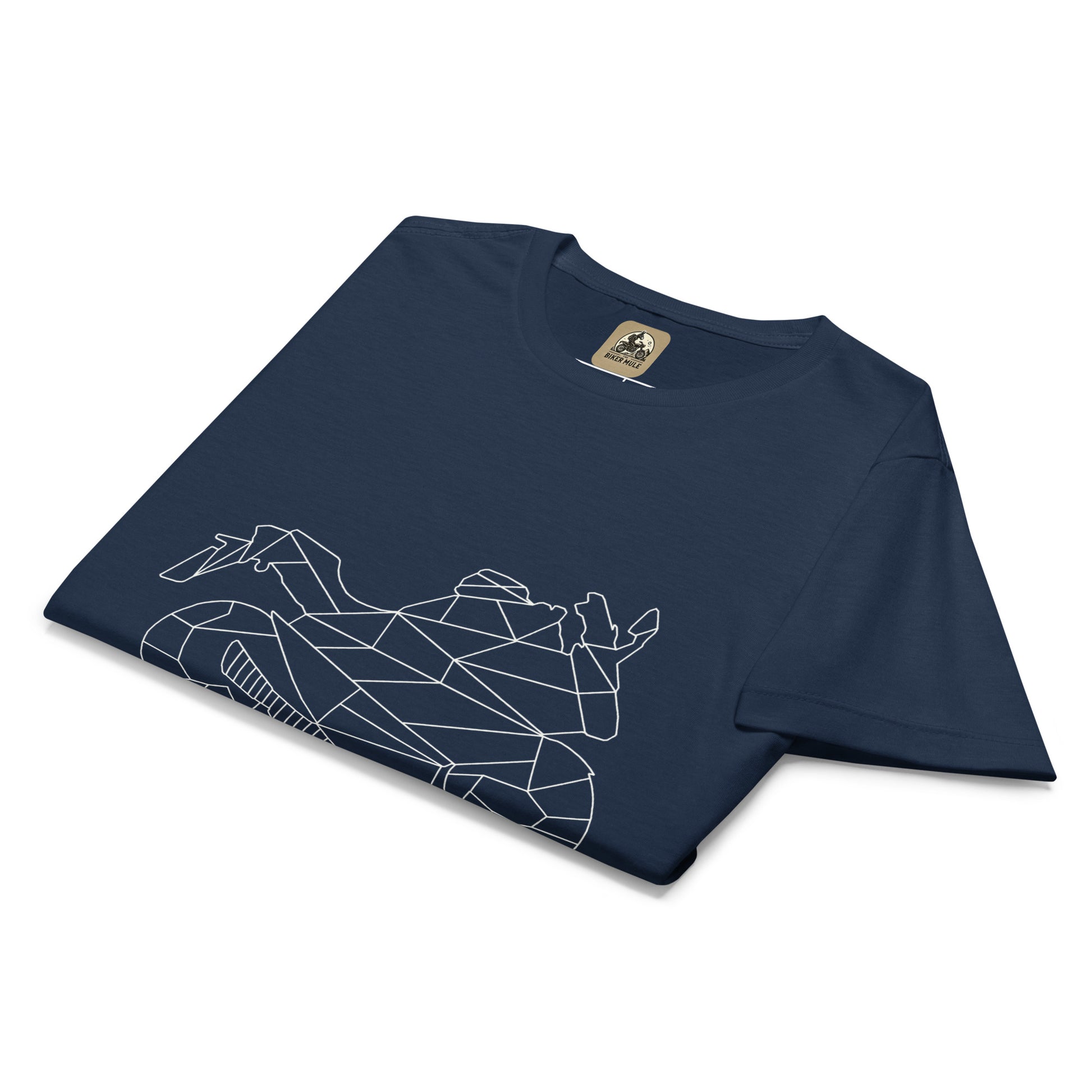 The Biker Mule navy blue women motorcycle t-shirt with geometric motorcycle rider design