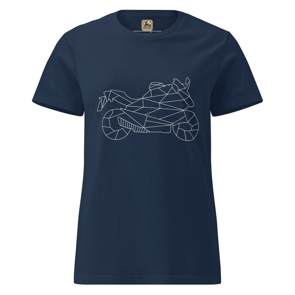 The Biker Mule navy blue women motorcycle t-shirt with geometric motorcycle graphic design