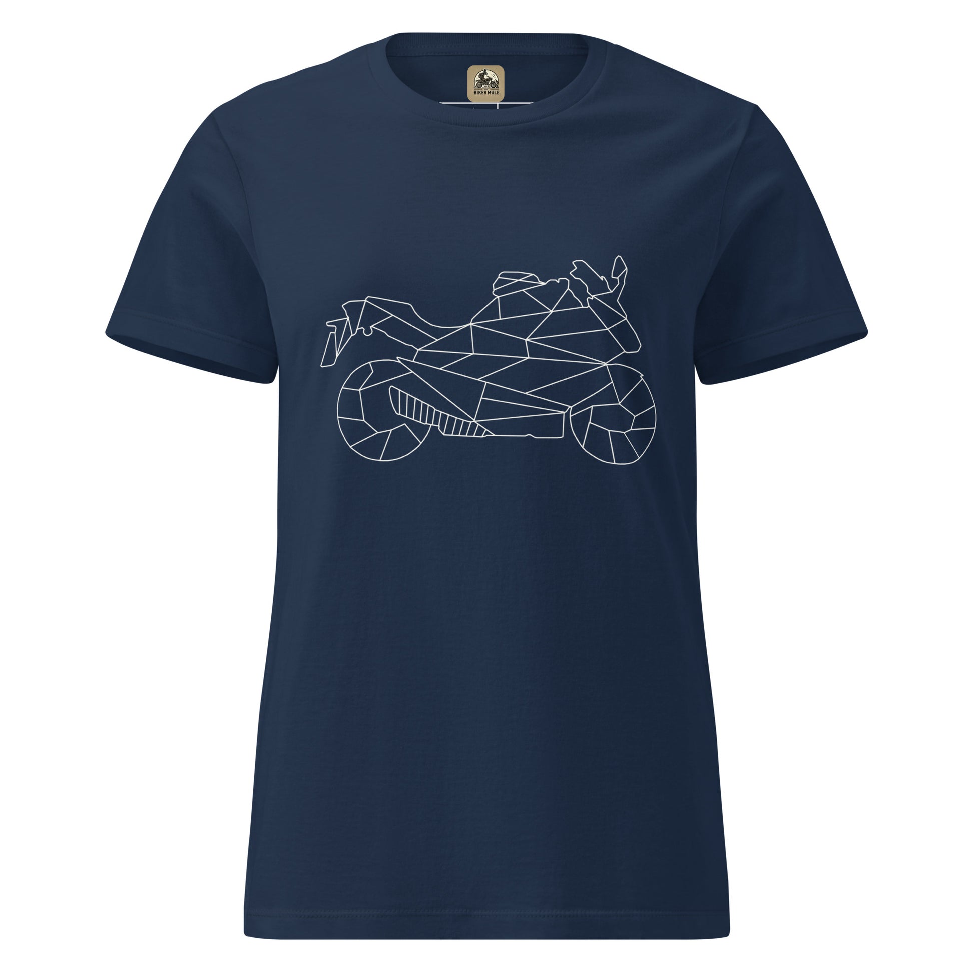 The Biker Mule navy blue women motorcycle t-shirt with geometric motorcycle graphic design