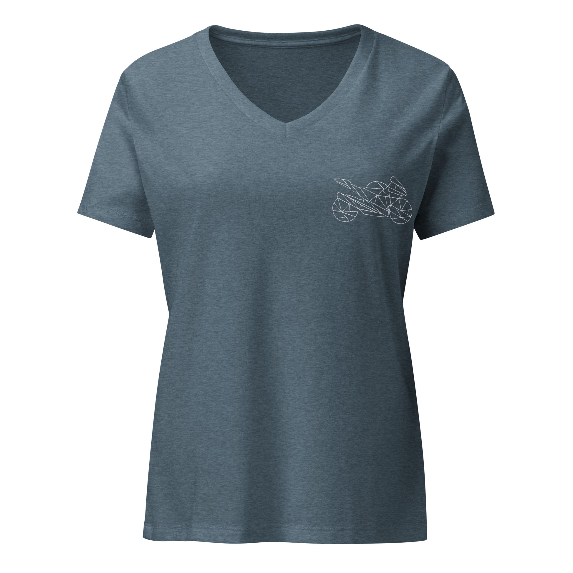 The Biker Mule women motorcycle V-neck shirt in blue with a minimalist motorcycle line design