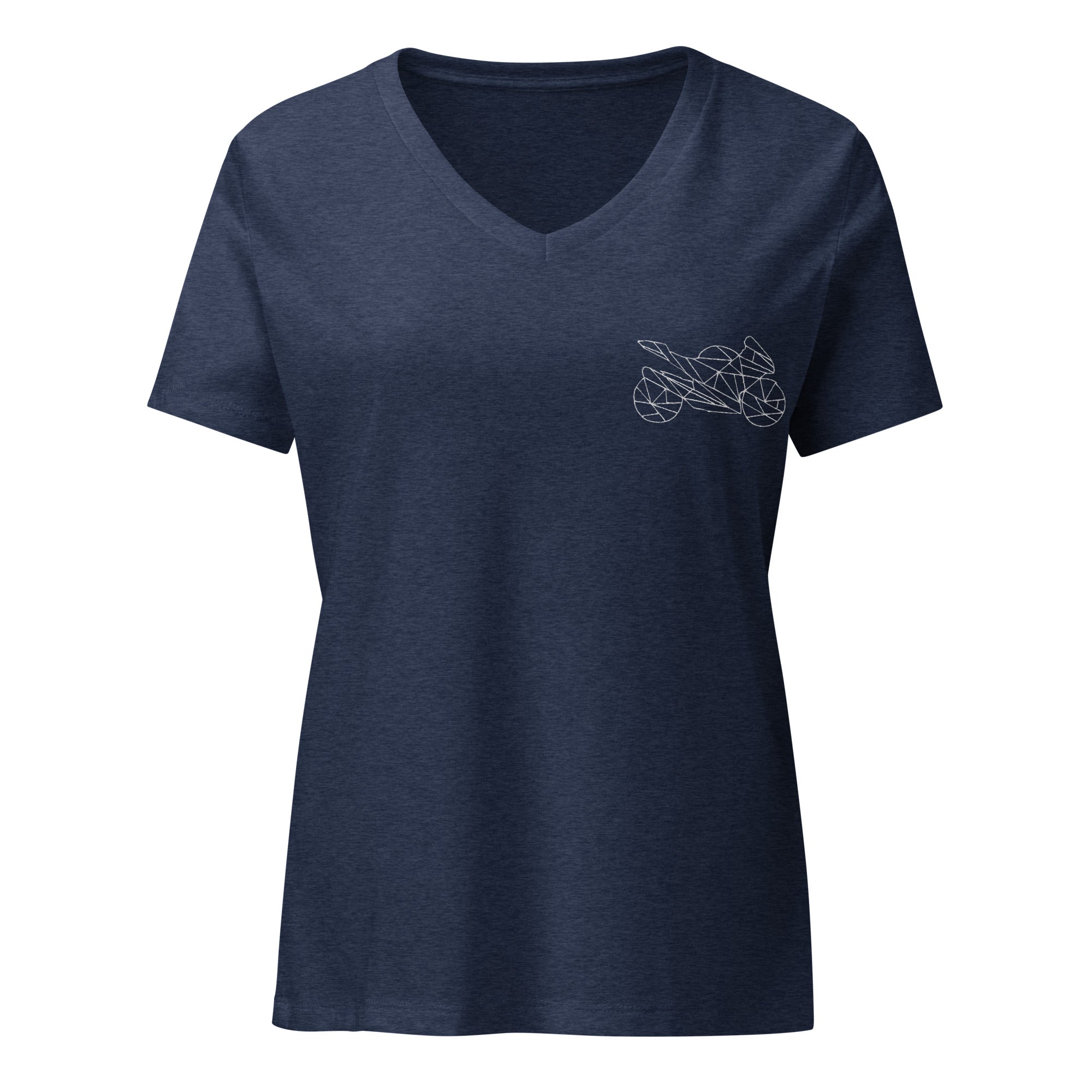 The Biker Mule women motorcycle V-neck shirt in navy blue with a geometric motorcycle design