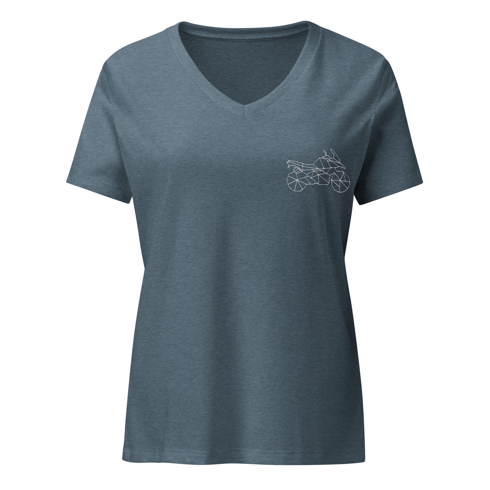 The Biker Mule women motorcycle V-neck T-shirt in blue with a minimalist motorcycle line design