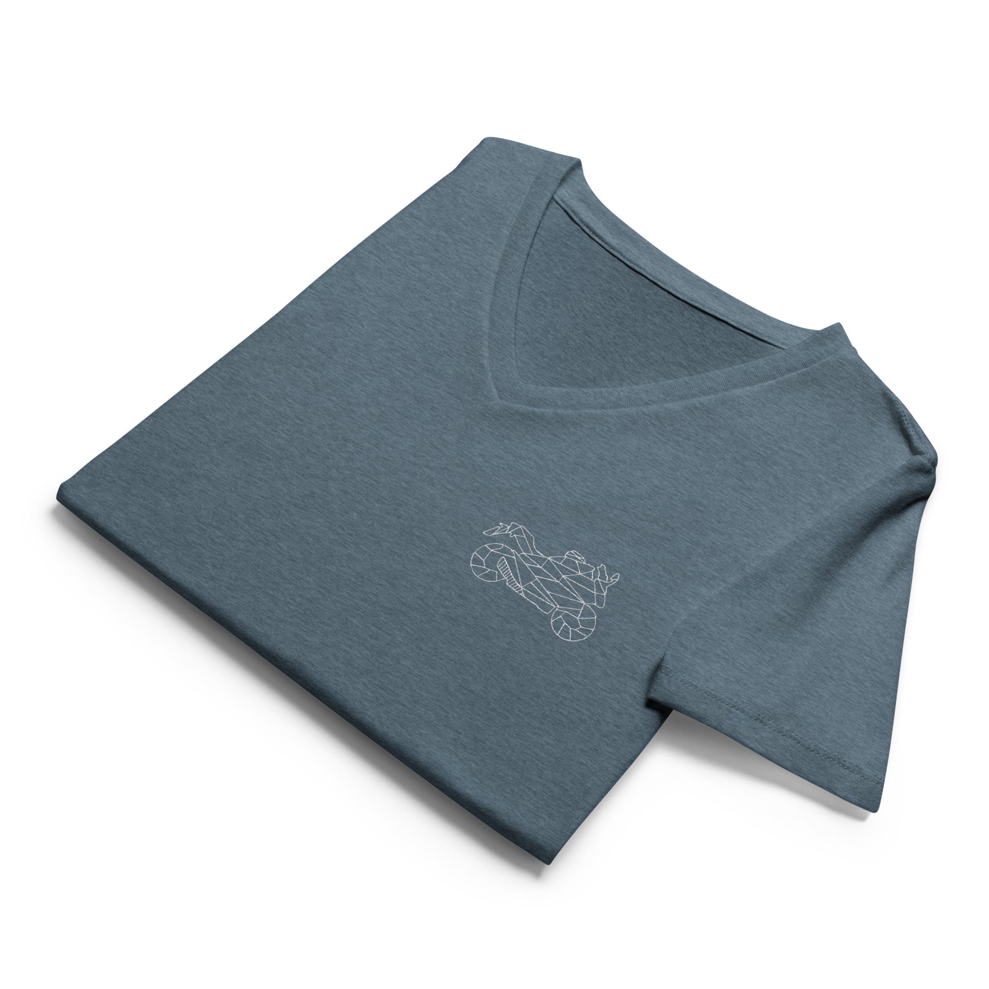 The Biker Mule women motorcycle v neck t shirt in blue with subtle geometric motorcycle design