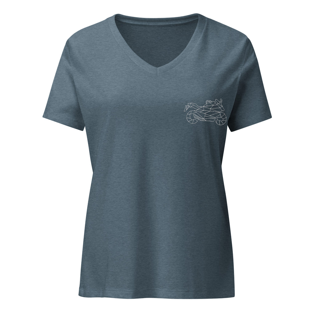 The Biker Mule women motorcycle v-neck t-shirt in blue with minimalist motorcycle graphic