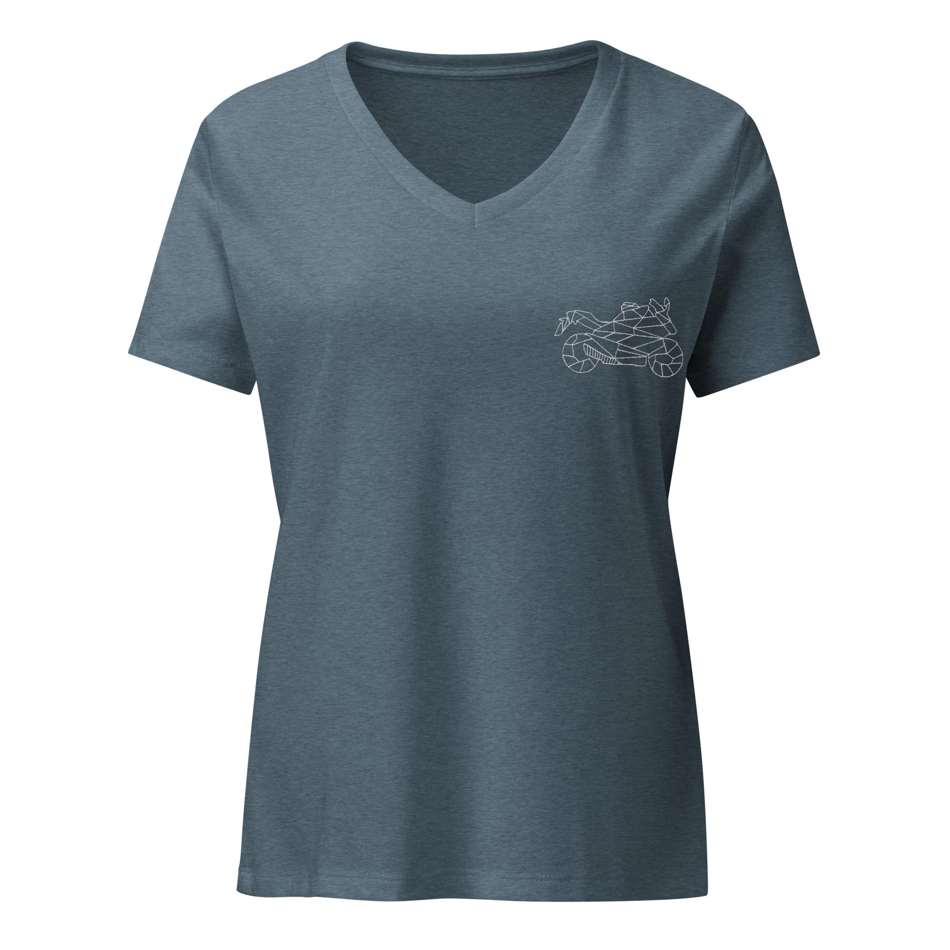 The Biker Mule women motorcycle v-neck t-shirt in blue with minimalist motorcycle graphic