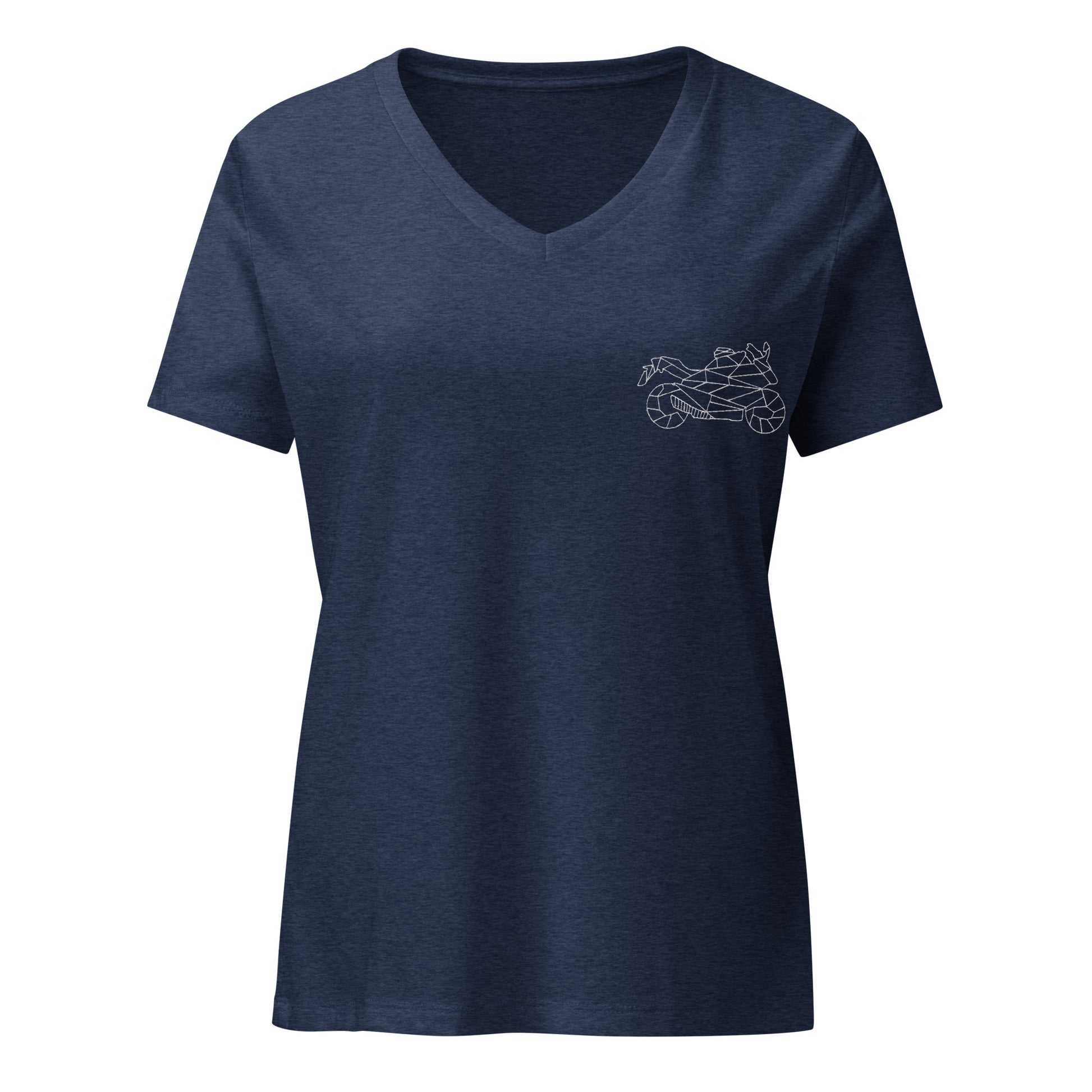 The Biker Mule women motorcycle v-neck t-shirt in navy blue with a small geometric motorcycle design