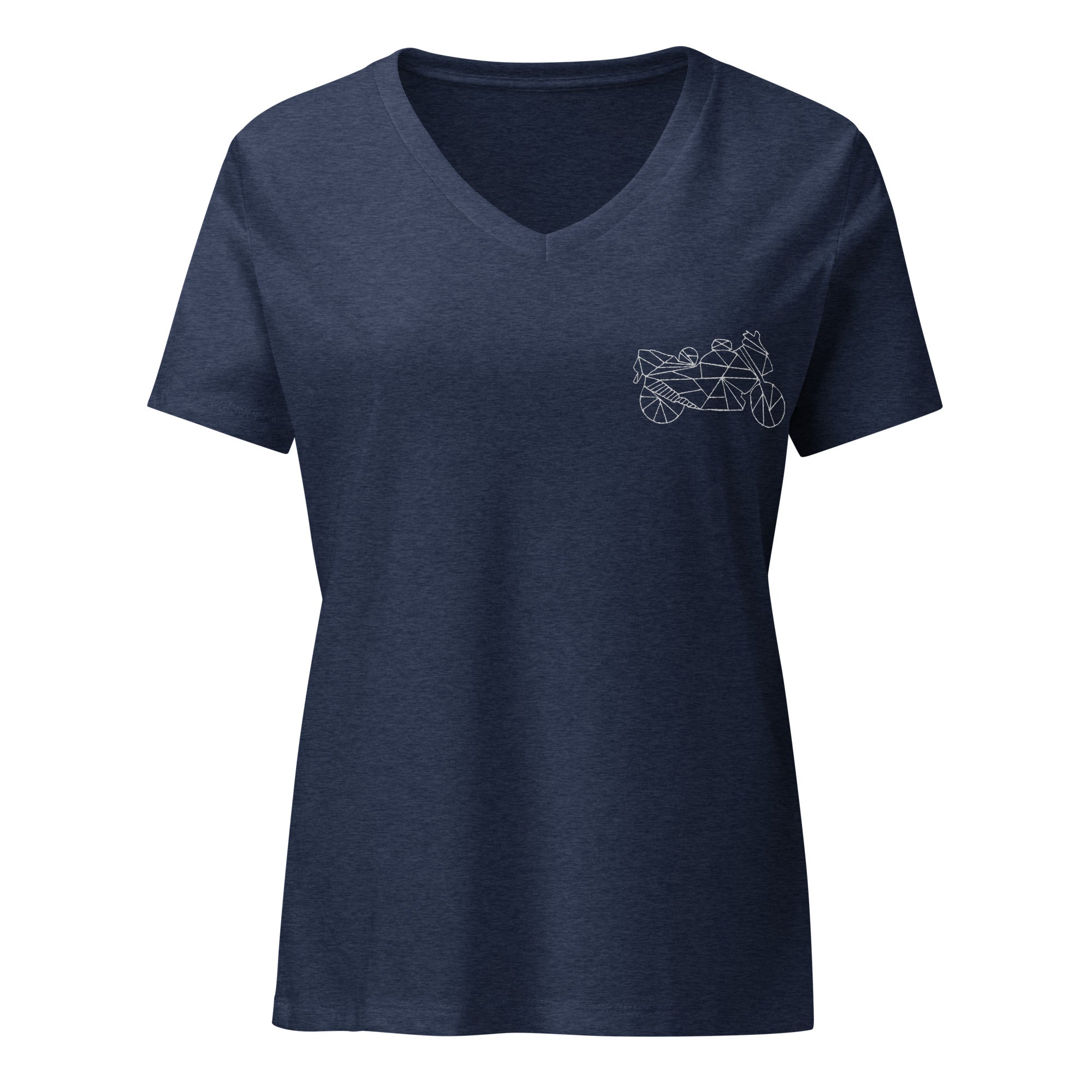 The Biker Mule women motorcycle v-neck t-shirt in navy with geometric motorcycle design