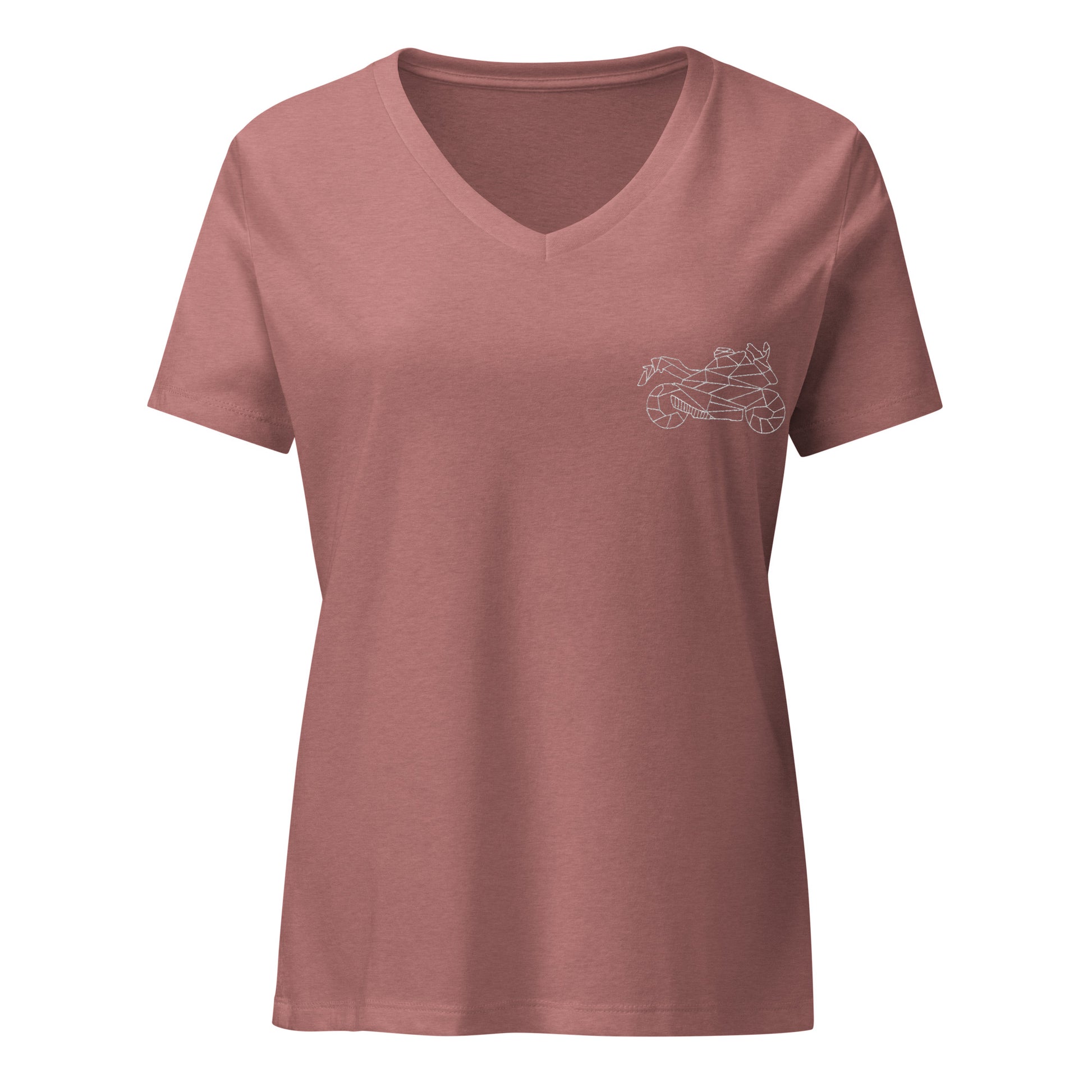 Women motorcycle v-neck t-shirt in rose with a small white motorcycle graphic on the chest
