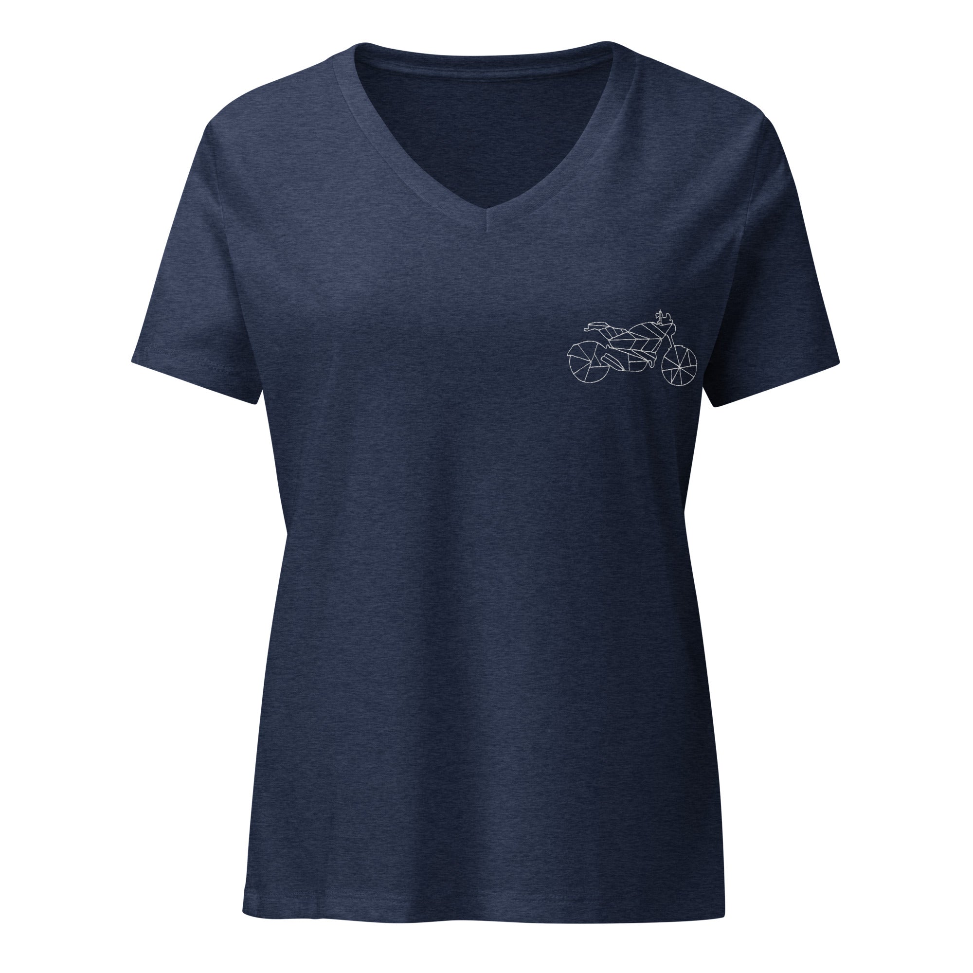 The Biker Mule women scrambler v-neck navy t-shirt with minimalist motorcycle design