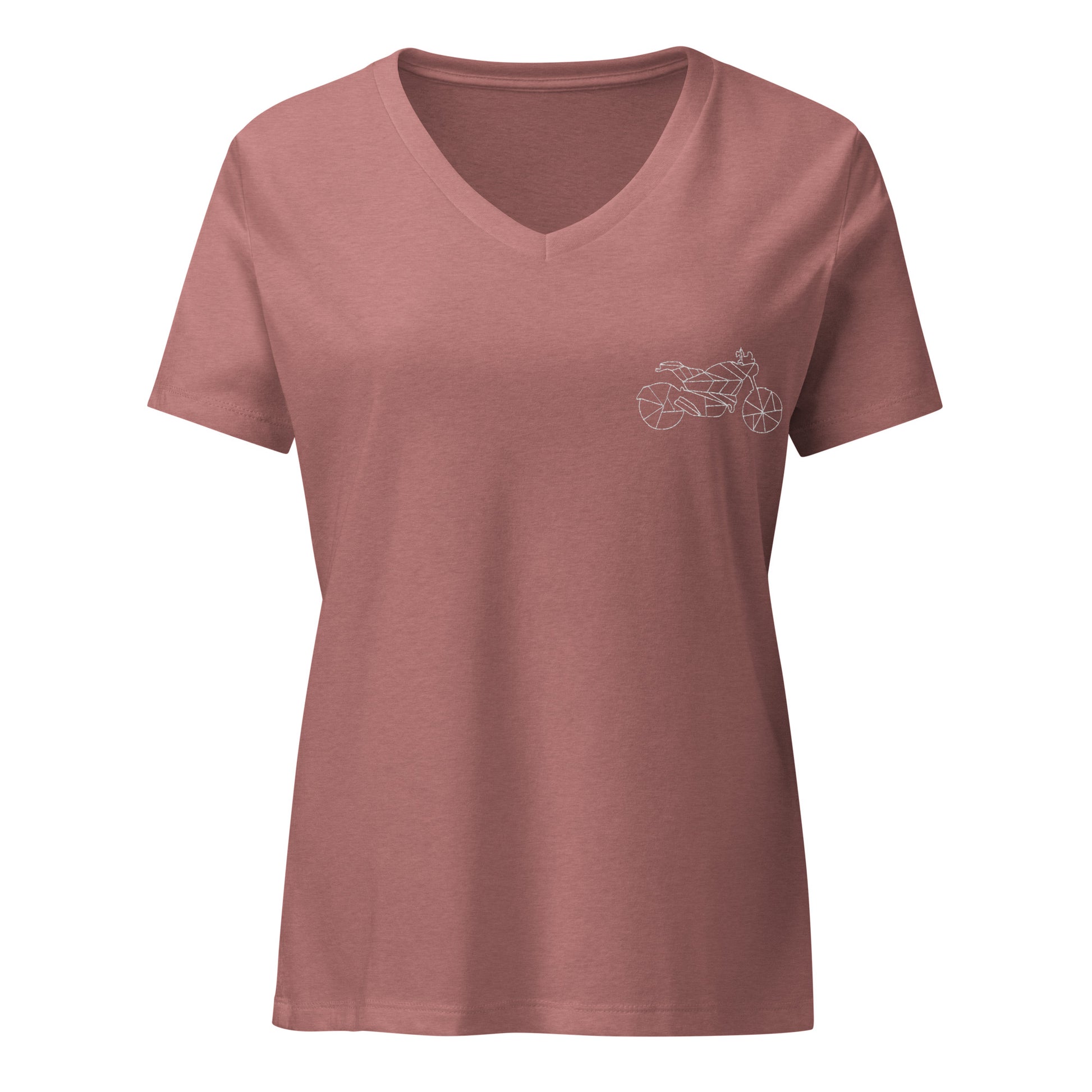 The Biker Mule women scrambler v-neck t-shirt in dusty rose with minimalist motorcycle design