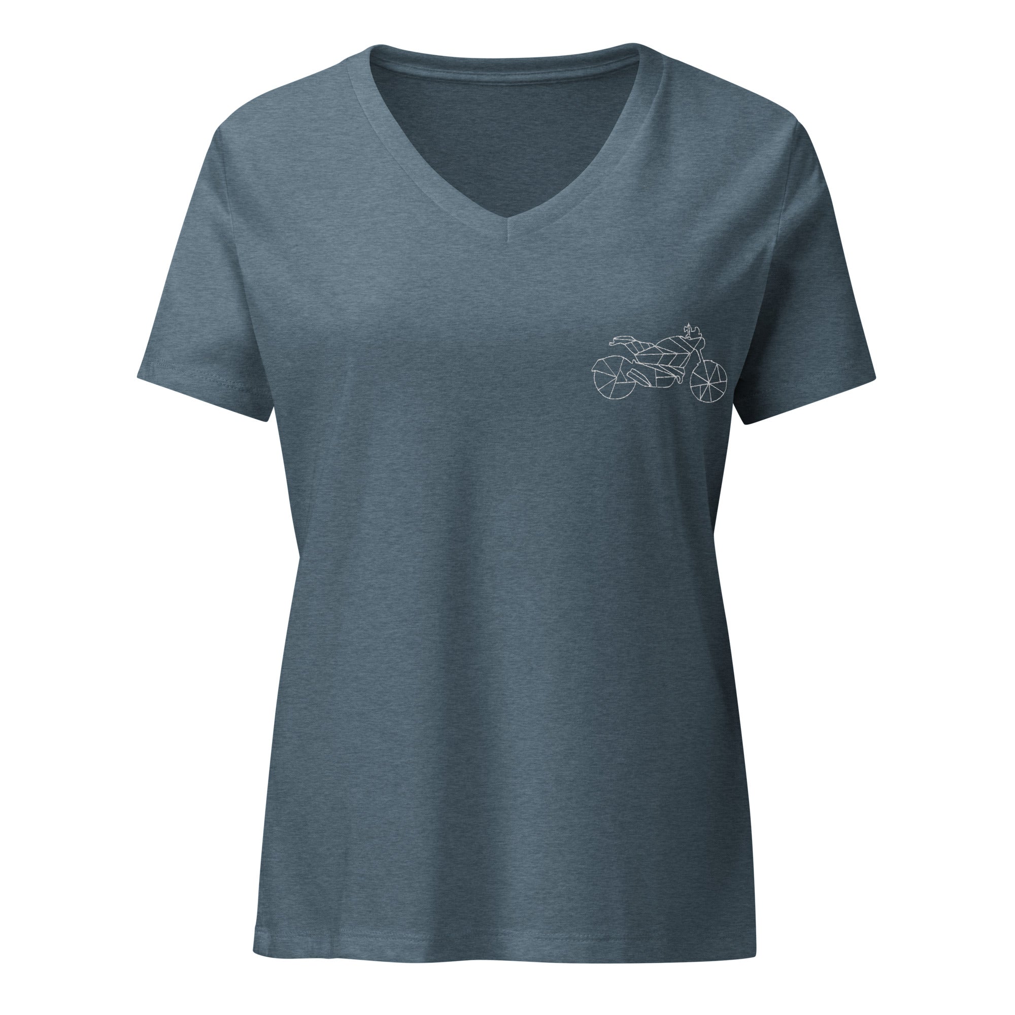 The Biker Mule women scrambler v-neck t-shirt in blue with motorcycle graphic on chest